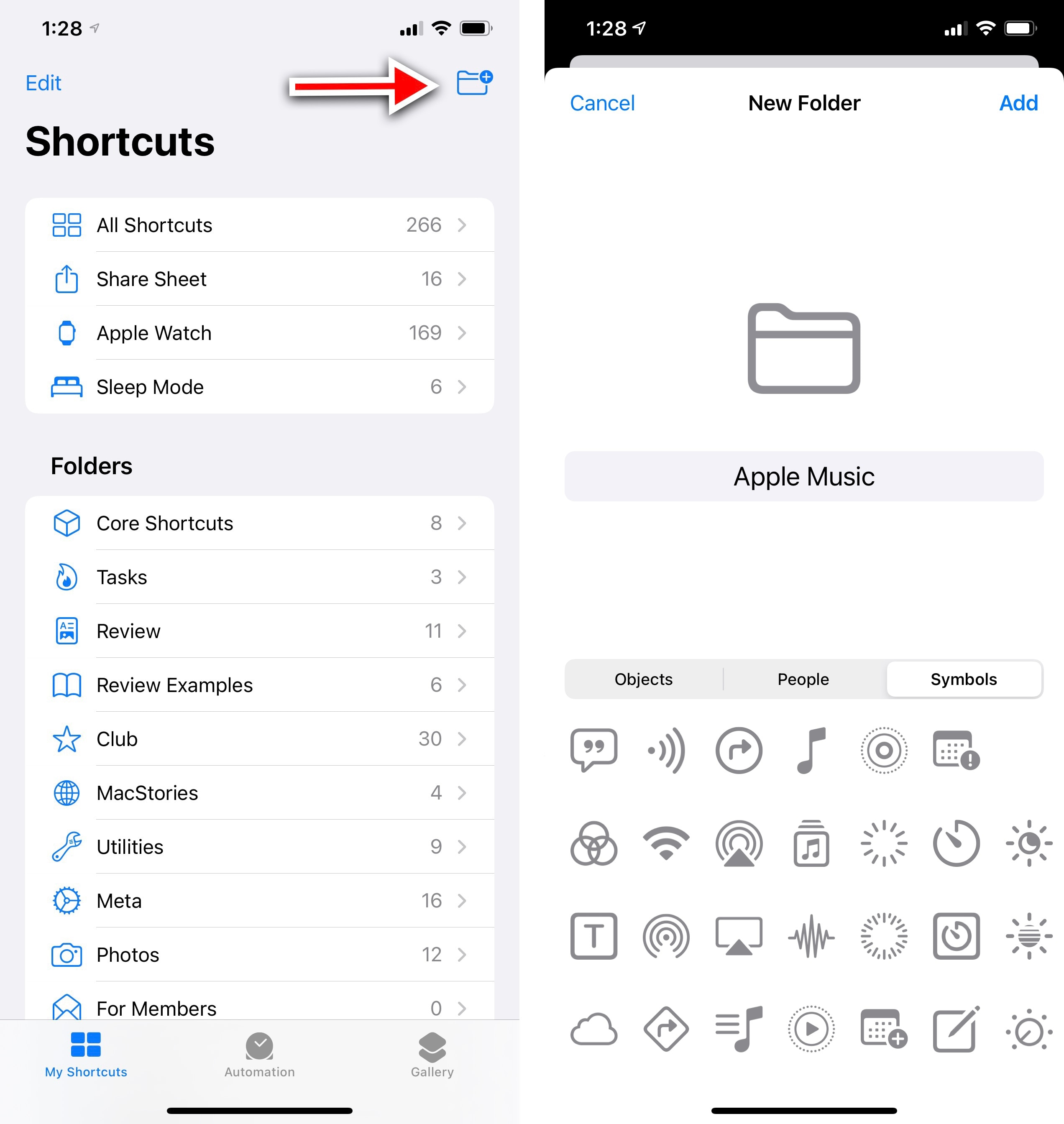 Creating a new folder in Shortcuts.