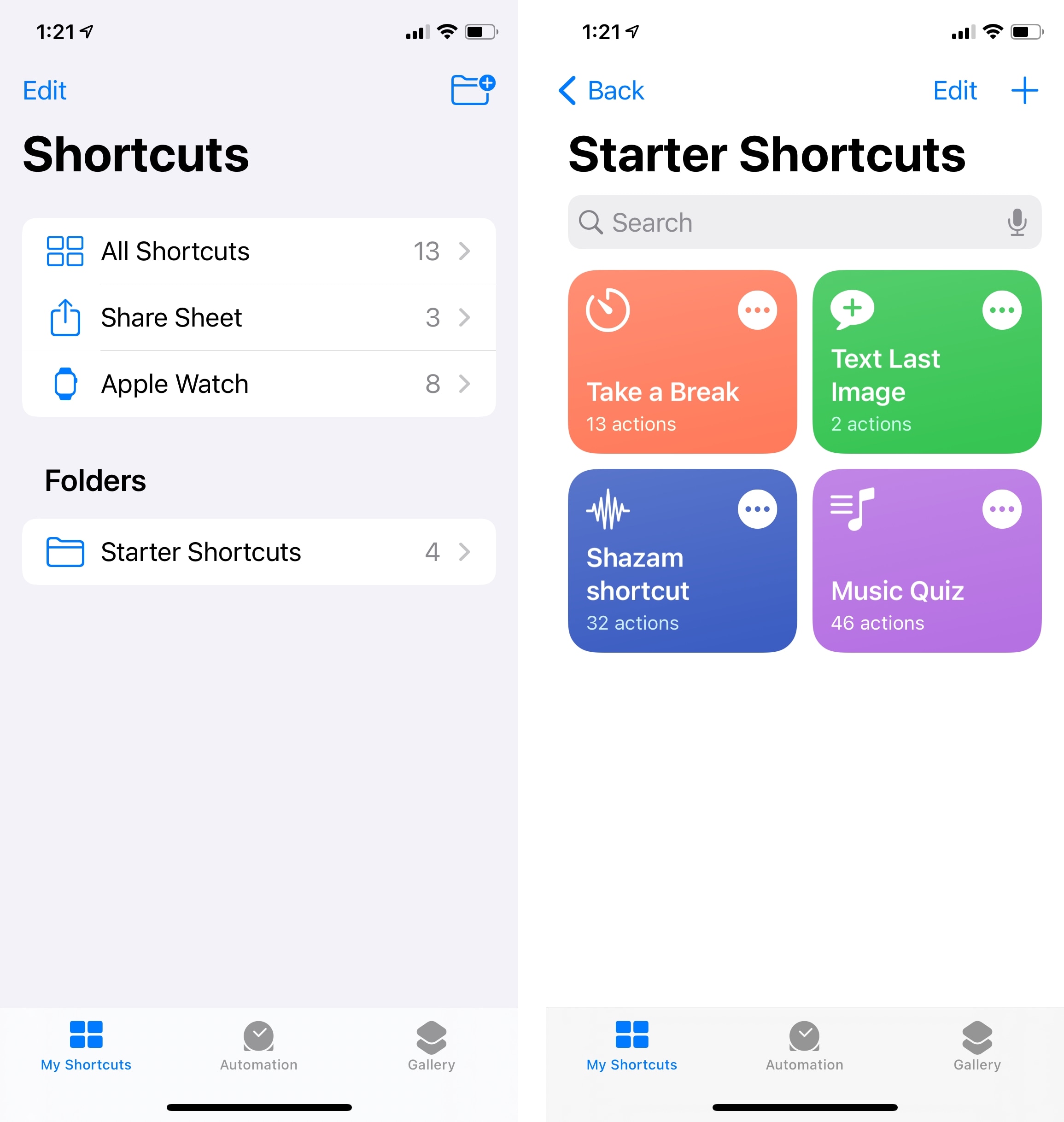 Shortcuts' starter pack, as captured on my girlfriend's iPhone 11 Pro.