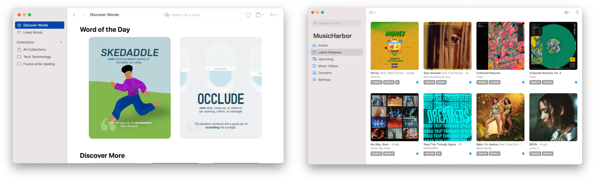 LookUp (left) and MusicHarbor (right) are excellent examples of upcoming third-party apps that have evolved from tab bar-based iOS apps to use the Mac's sidebar.