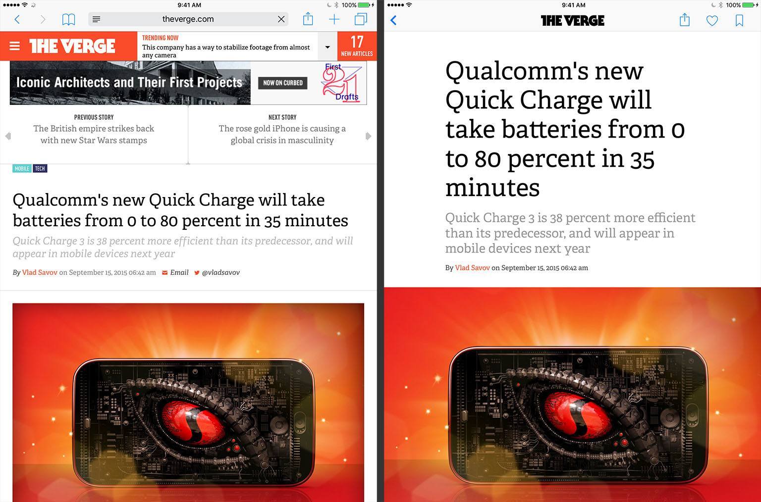 Reading an article from The Verge on their website (left) and in News (right)