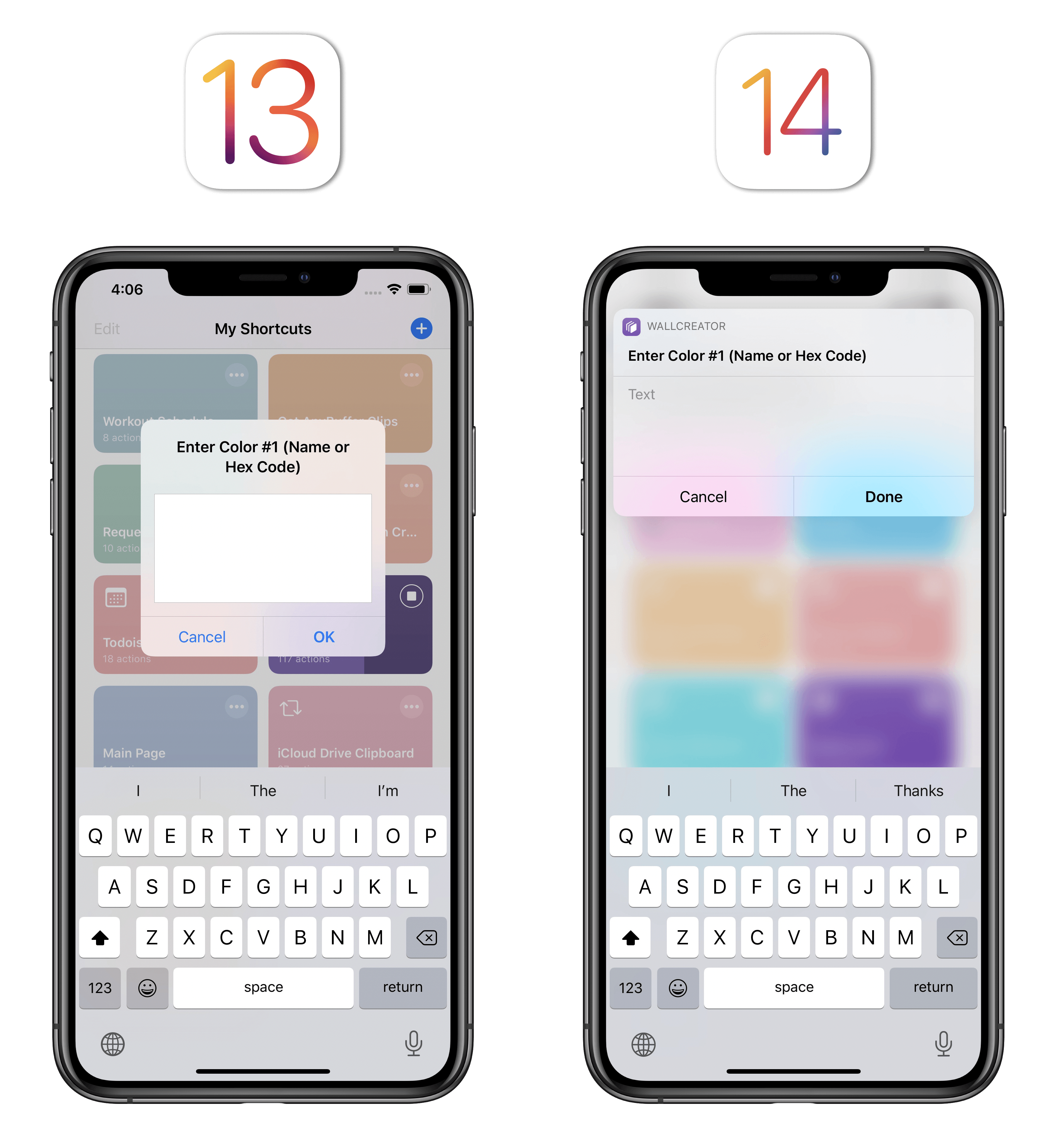 When running inside the Shortcuts app, actions are more compact, but the background is blurred.