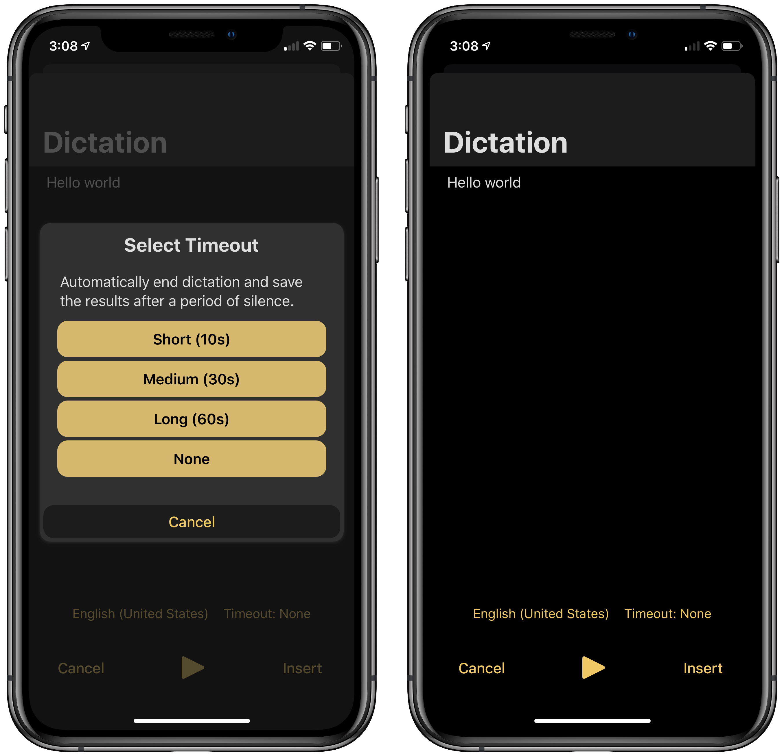 The dictation interface of Drafts.