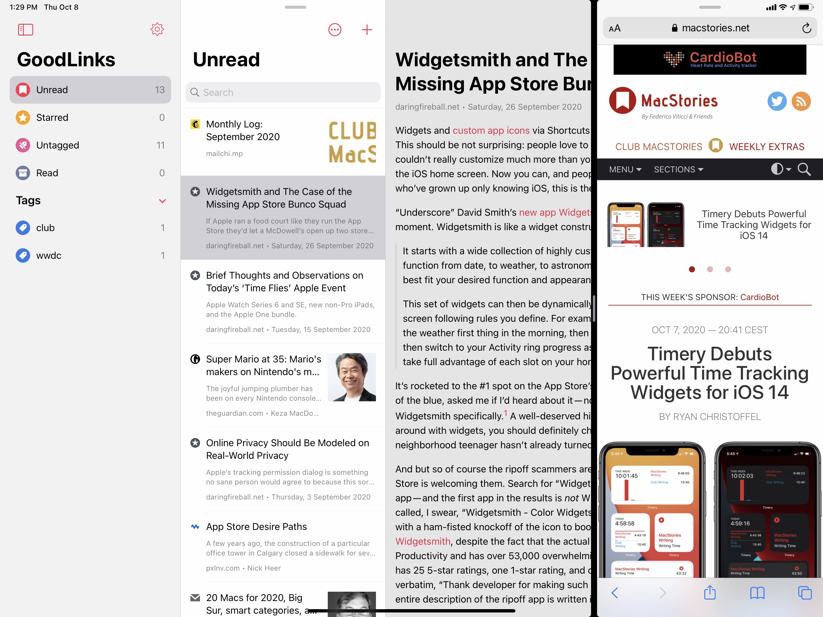 GoodLinks pushes the third column off to the side when a secondary app is added in Split View.