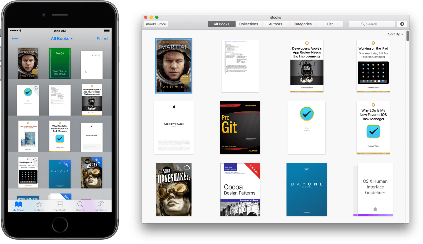 PDFs and ePUB books sync between iBooks for iOS and Mac.