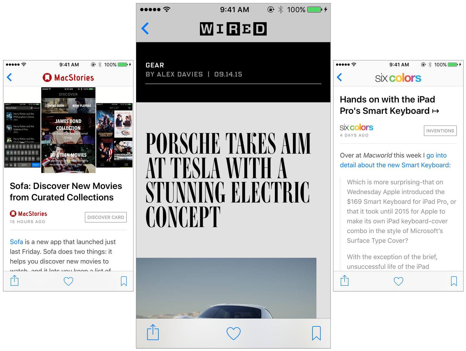 What it looks like to read a MacStories, Wired and Six Colors article in Apple News. Wired looks so unique because they are able to publish stories using the Apple News Format.