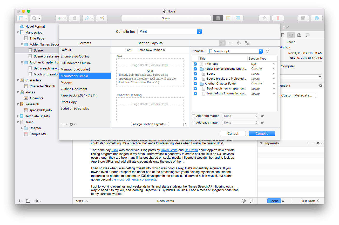 Scrivener's new compile interface.