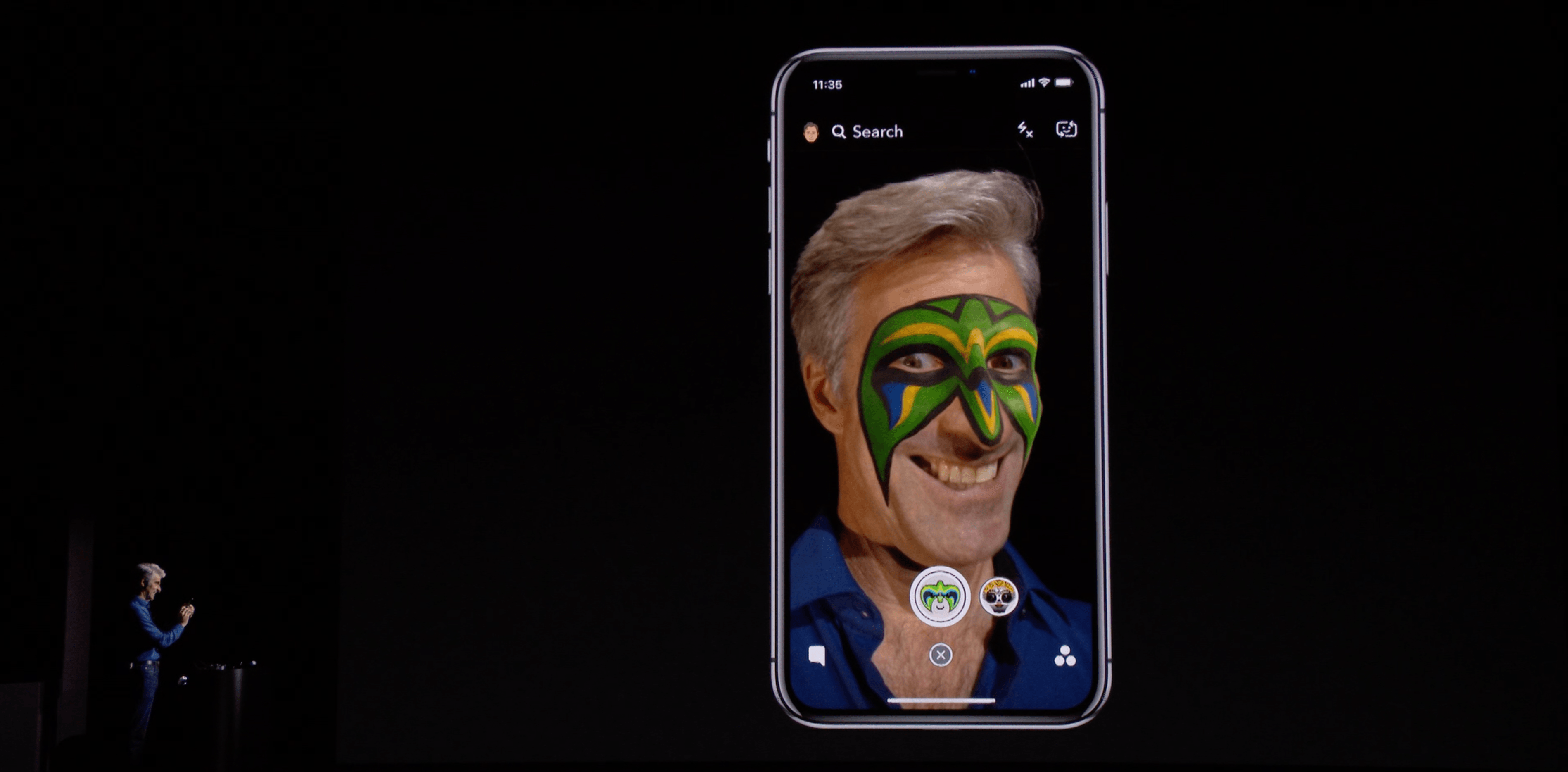Craig Federighi demonstrating Snapchat Lens filters in September 2017