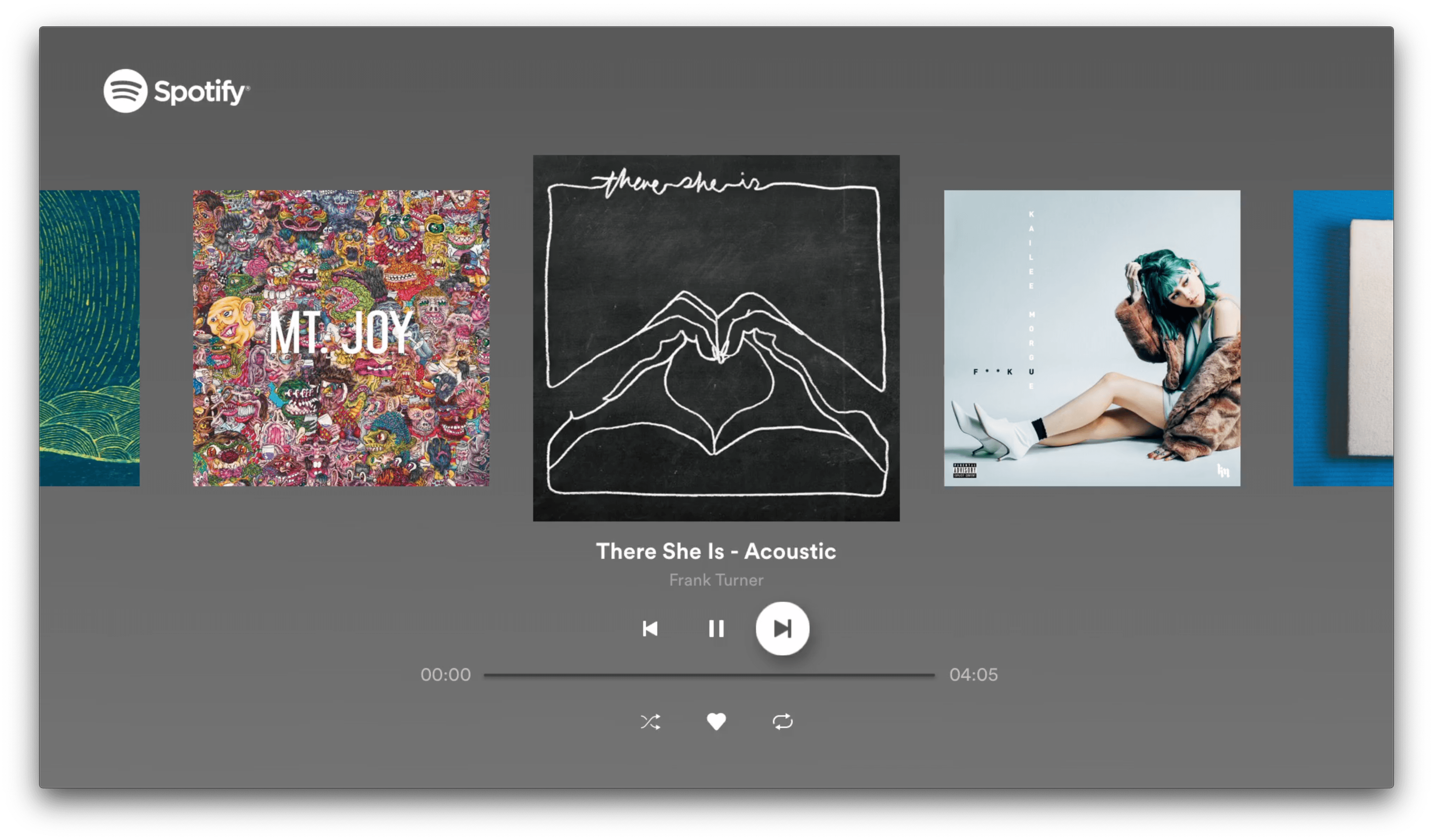 Spotify's Apple TV UI will be familiar to iOS users.