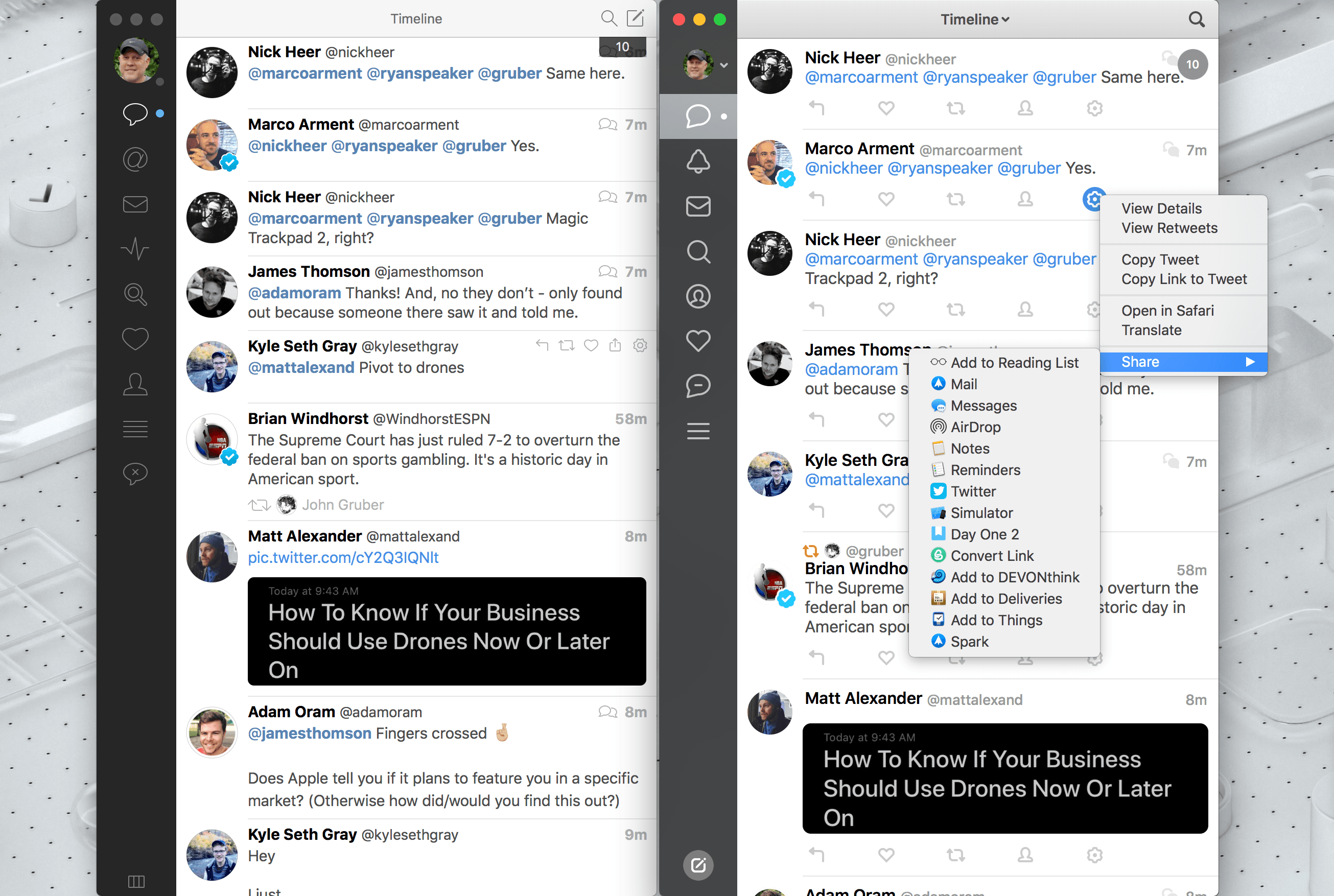 Tweetbot 3 (right) has share extension support via each tweet's gear button.