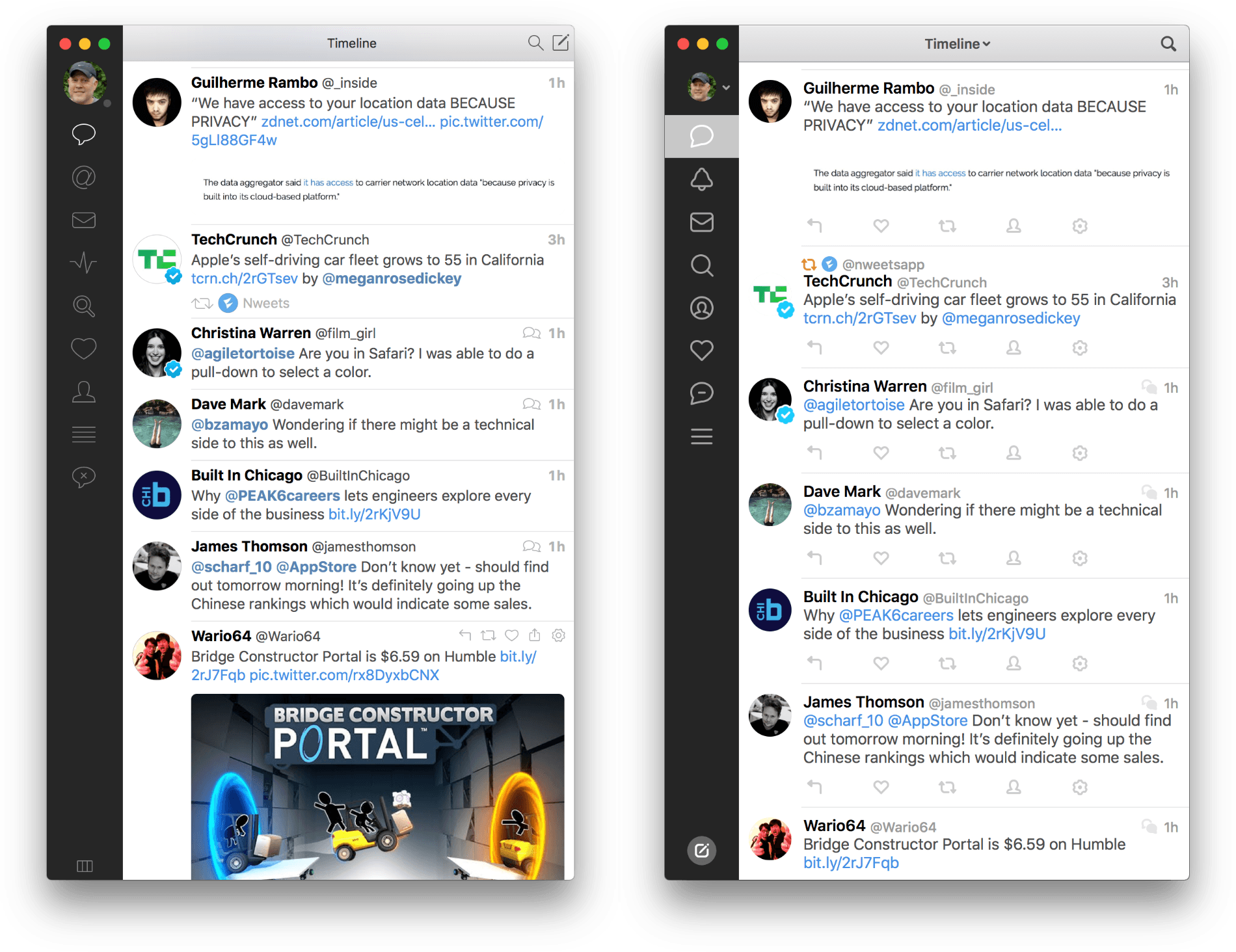 Tweetbot version 2.5 (left) and version 3.0 (right)