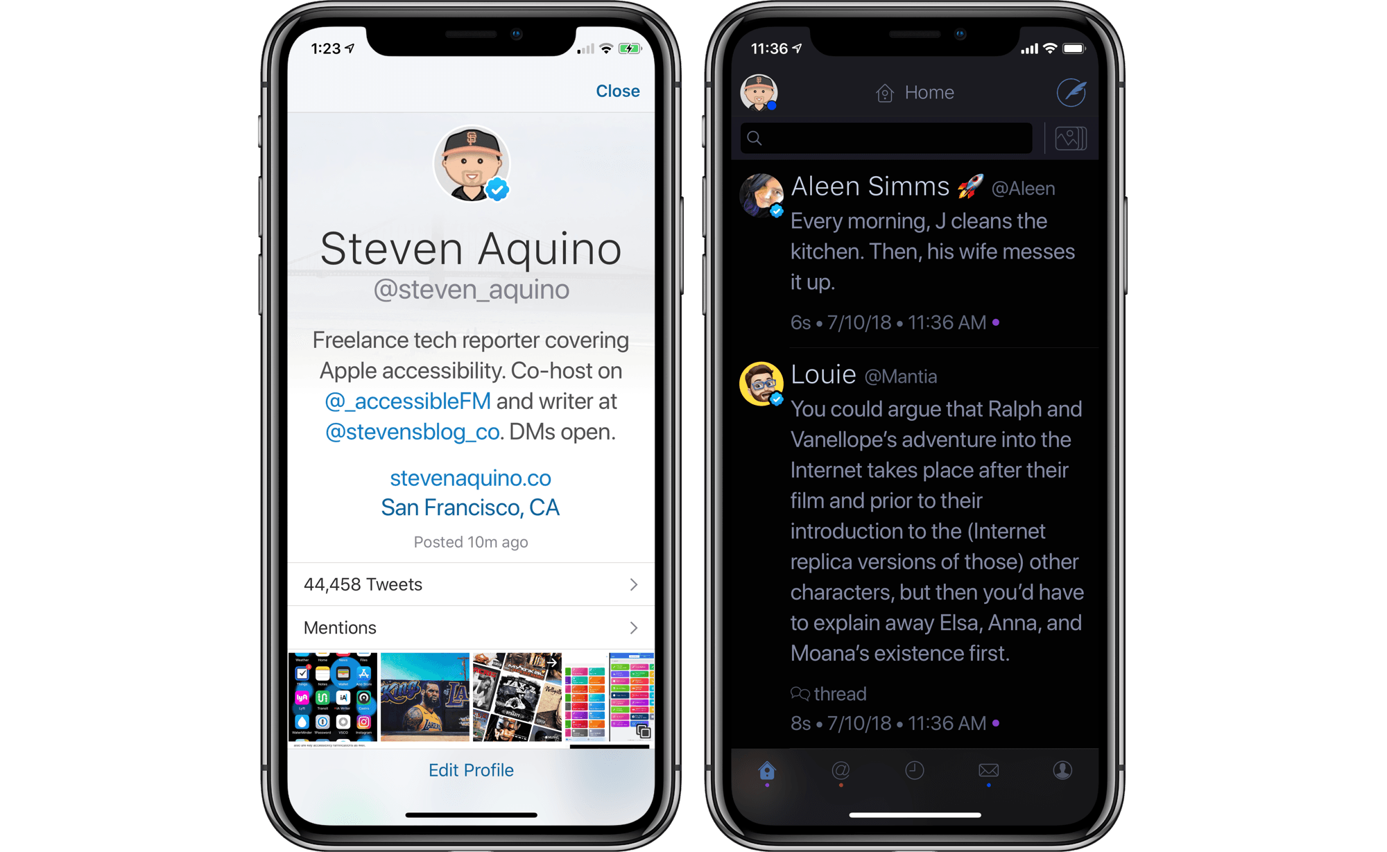 A Twitterrific profile page and its dark mode.