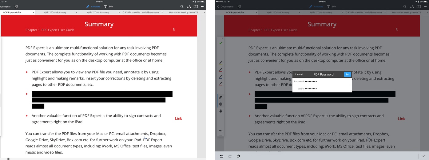Redaction (left) and setting per-document passwords (right).