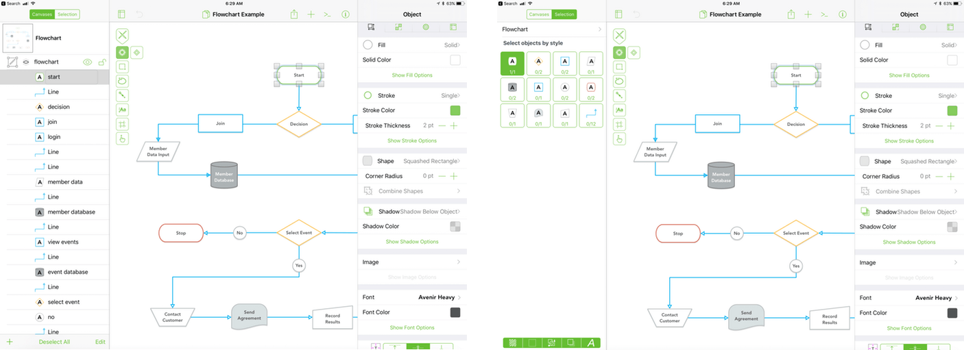 OmniGraffle's left-side navigation panel handles layers, selections and more.