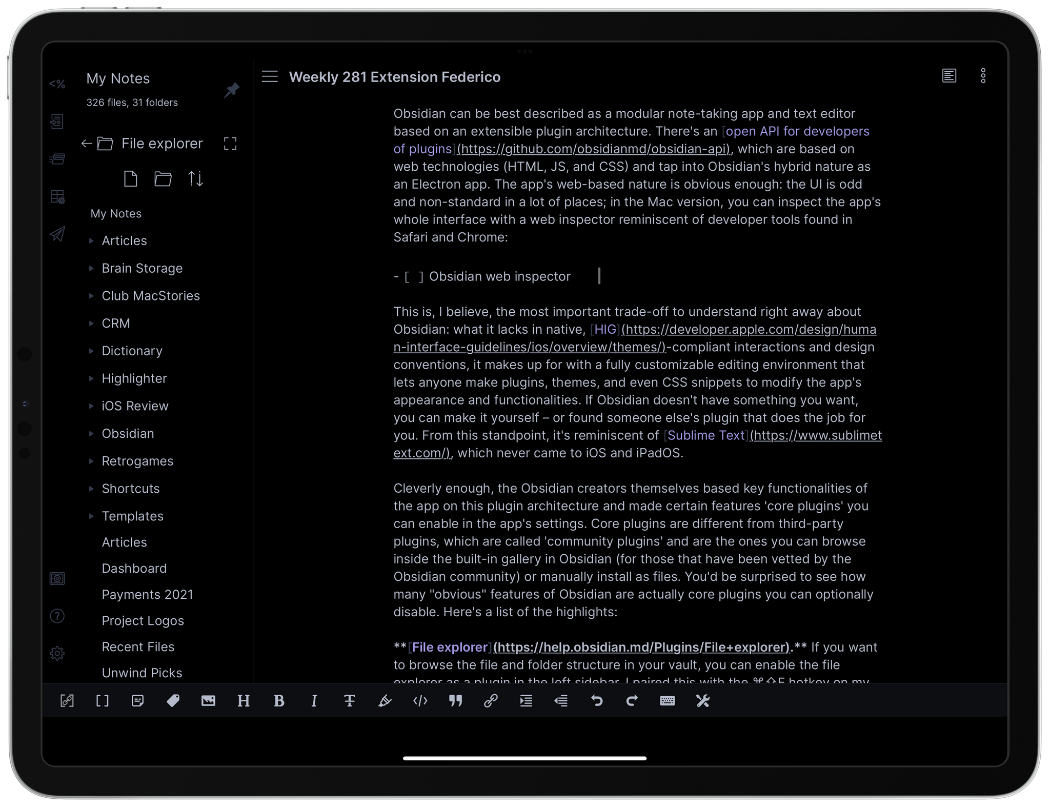 Obsidian's file explorer plugin as a pinned sidebar.