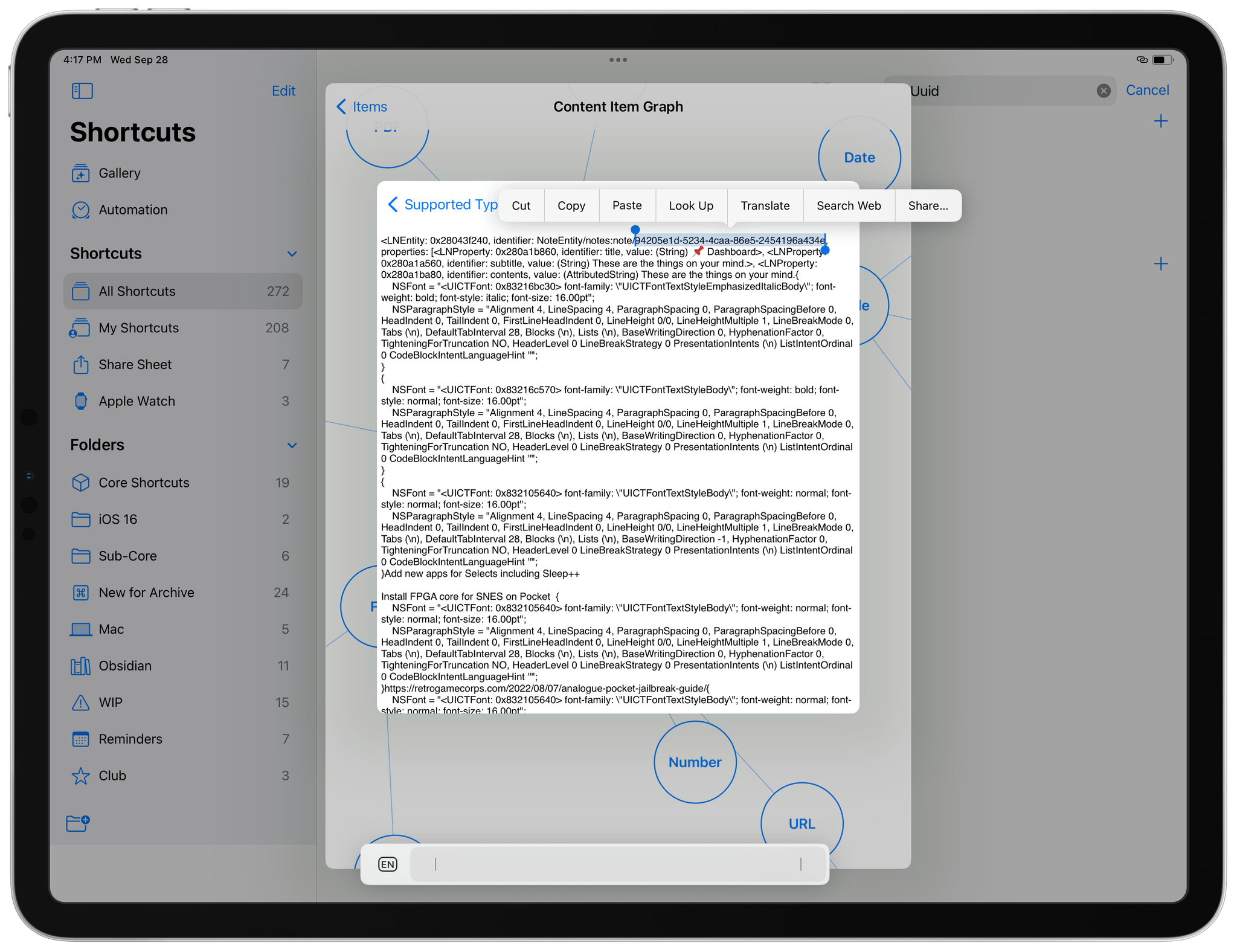 Once again, this part is the UUID of a note. Select it and copy it to the clipboard. This is the only way to get this detail out of Shortcuts.