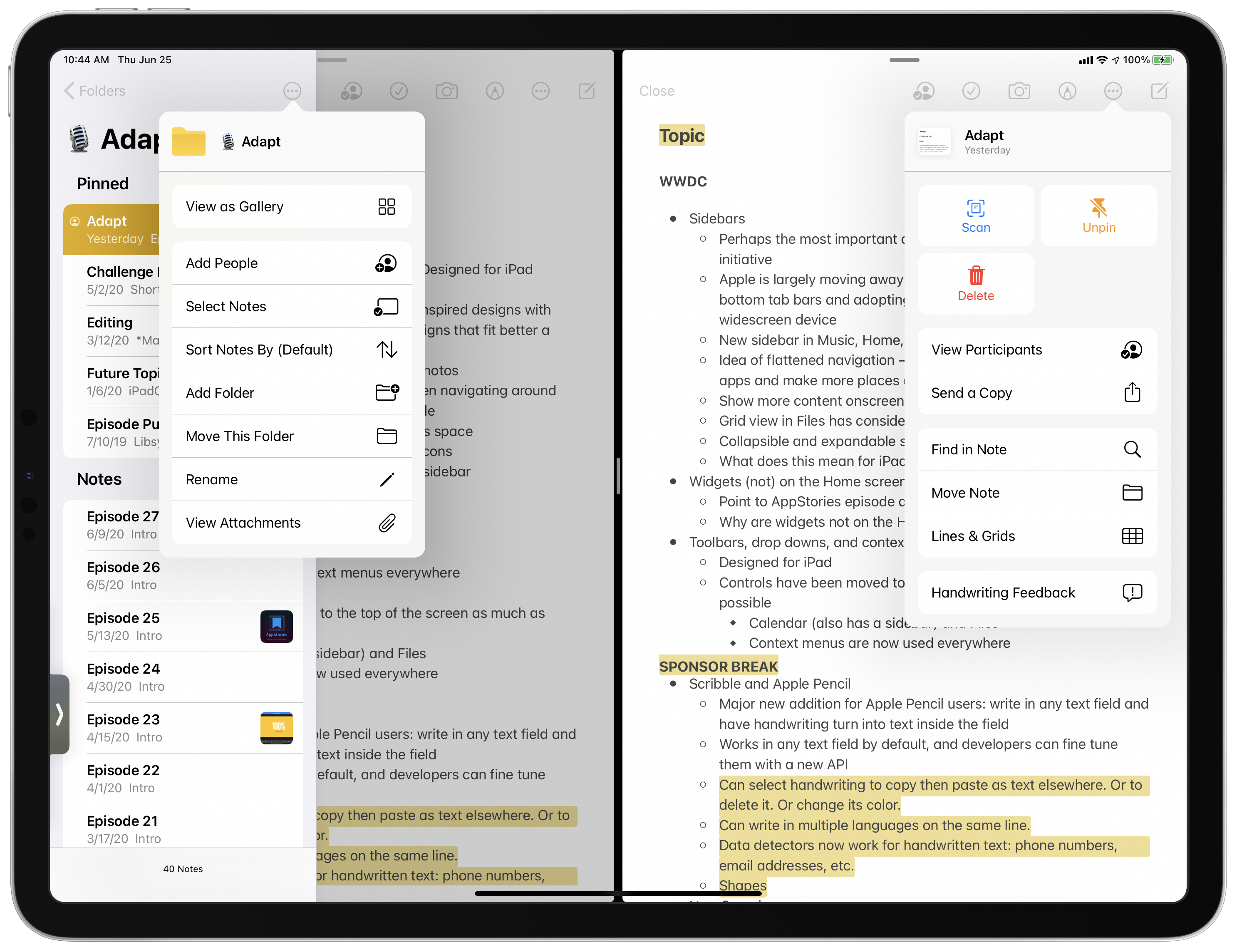 The redesigned actions menu within a list or a note.