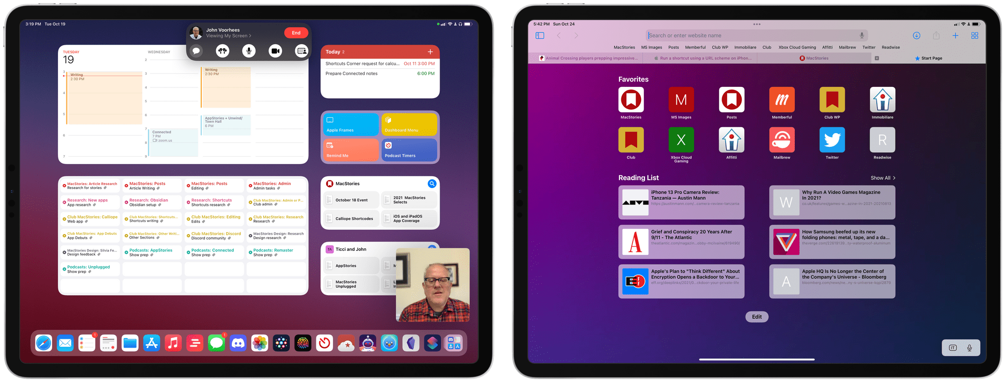 Screen sharing in FaceTime with SharePlay (left) and the updated Safari for iPad.