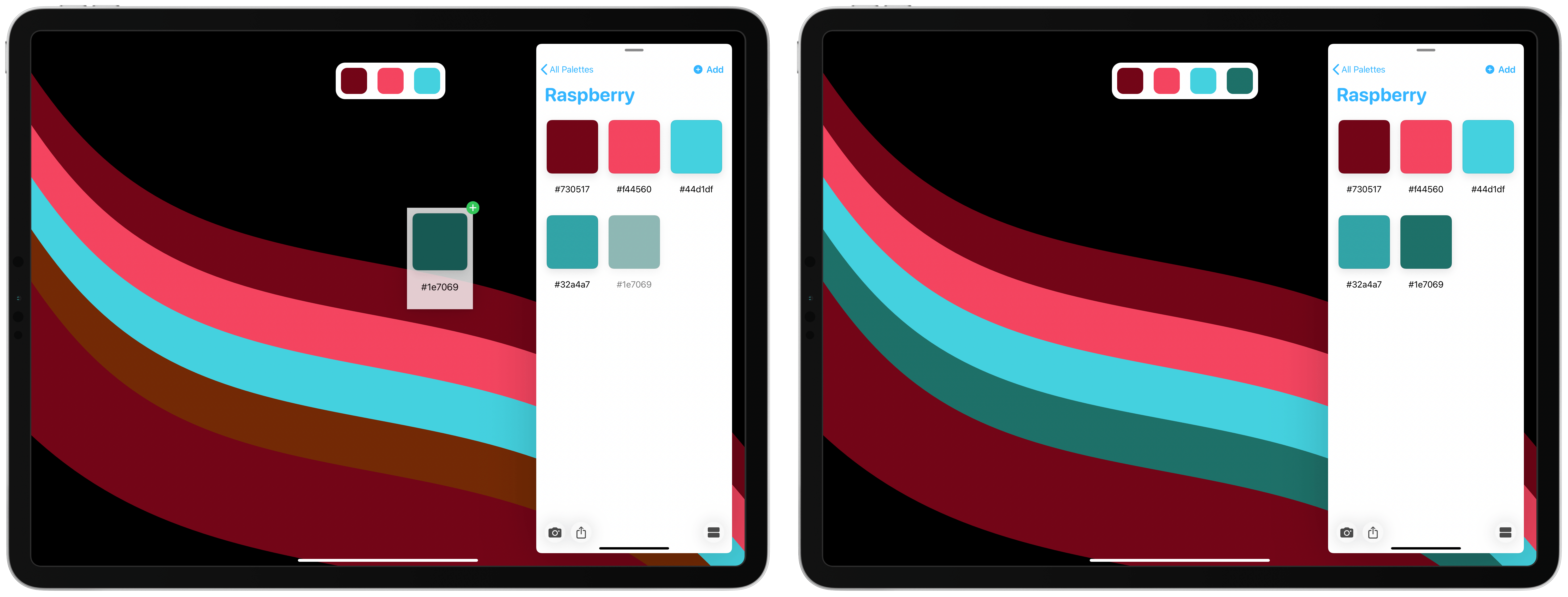 Dropping a color from Pastel into The Wallpaper App (before and after).