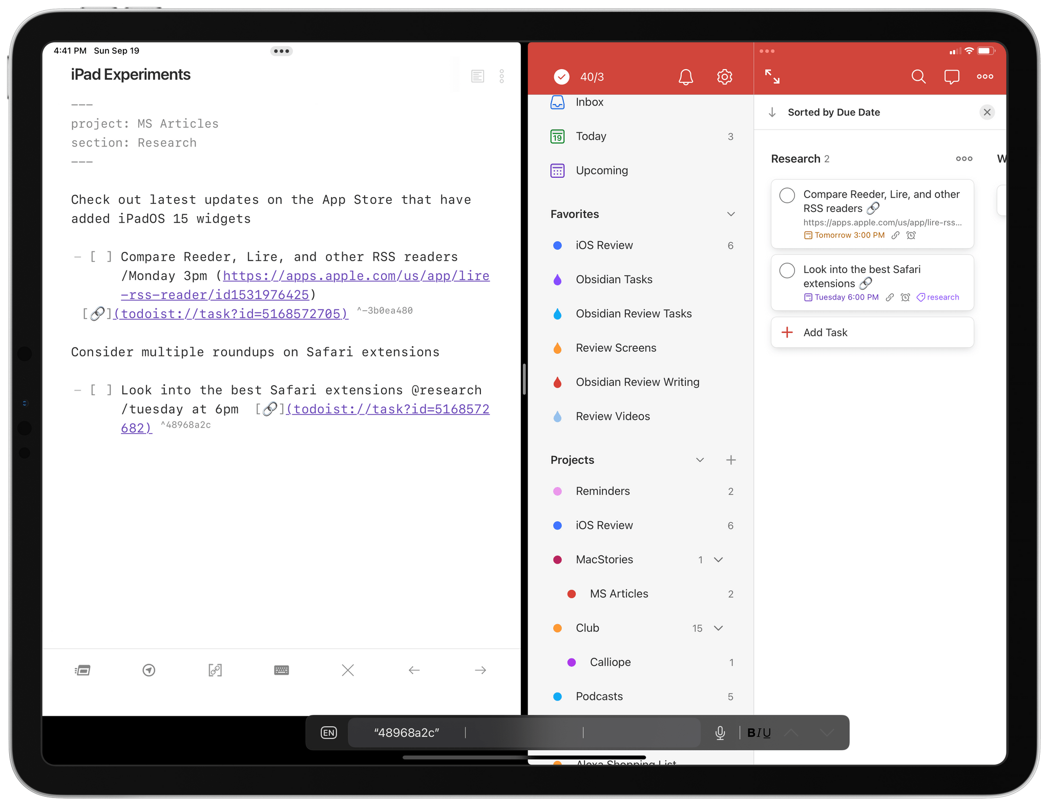 The Todoist Tasks plugin in Obsidian.