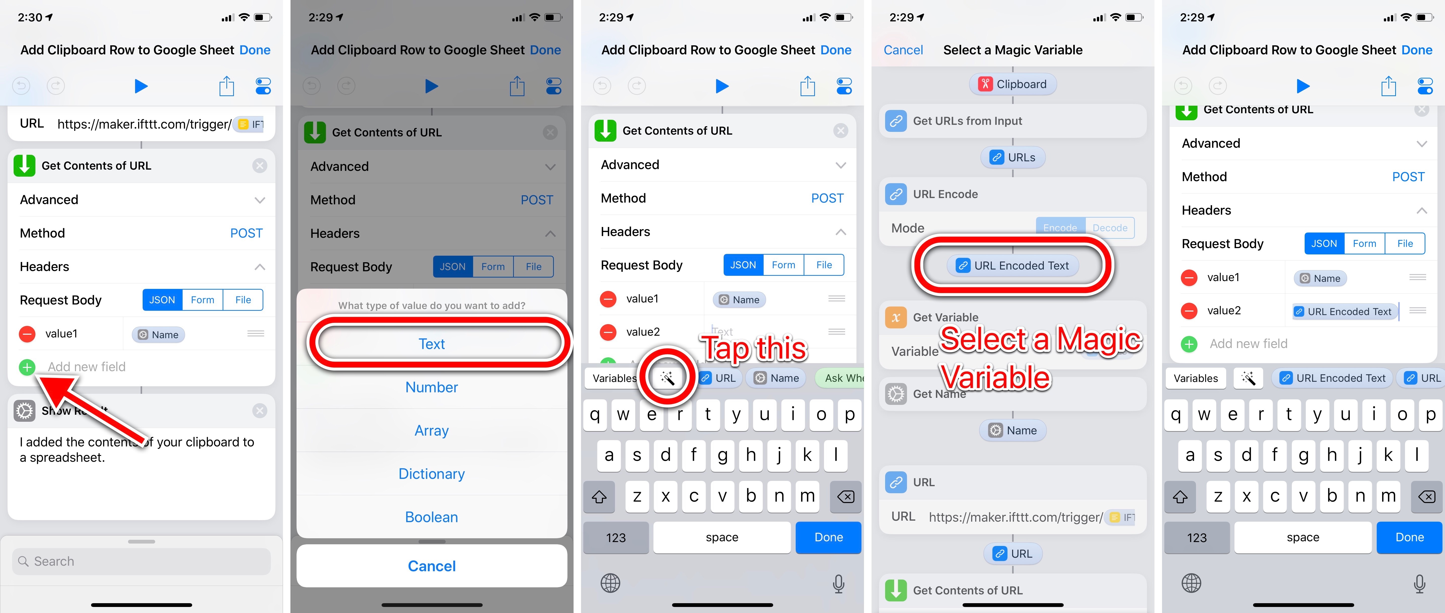 How to add IFTTT ingredients to a web request in Shortcuts using Magic Variables.