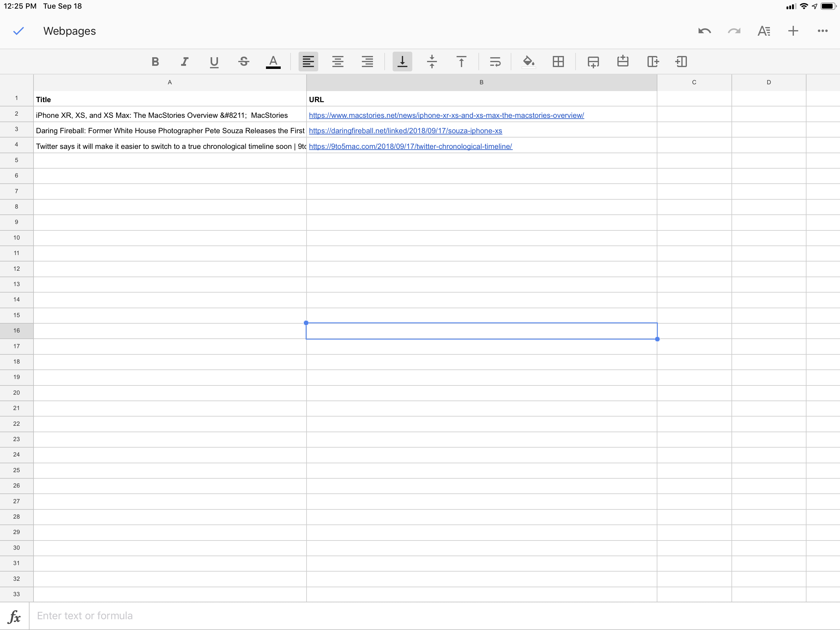 Links appended to a Google spreadsheet via a Siri shortcut and IFTTT.
