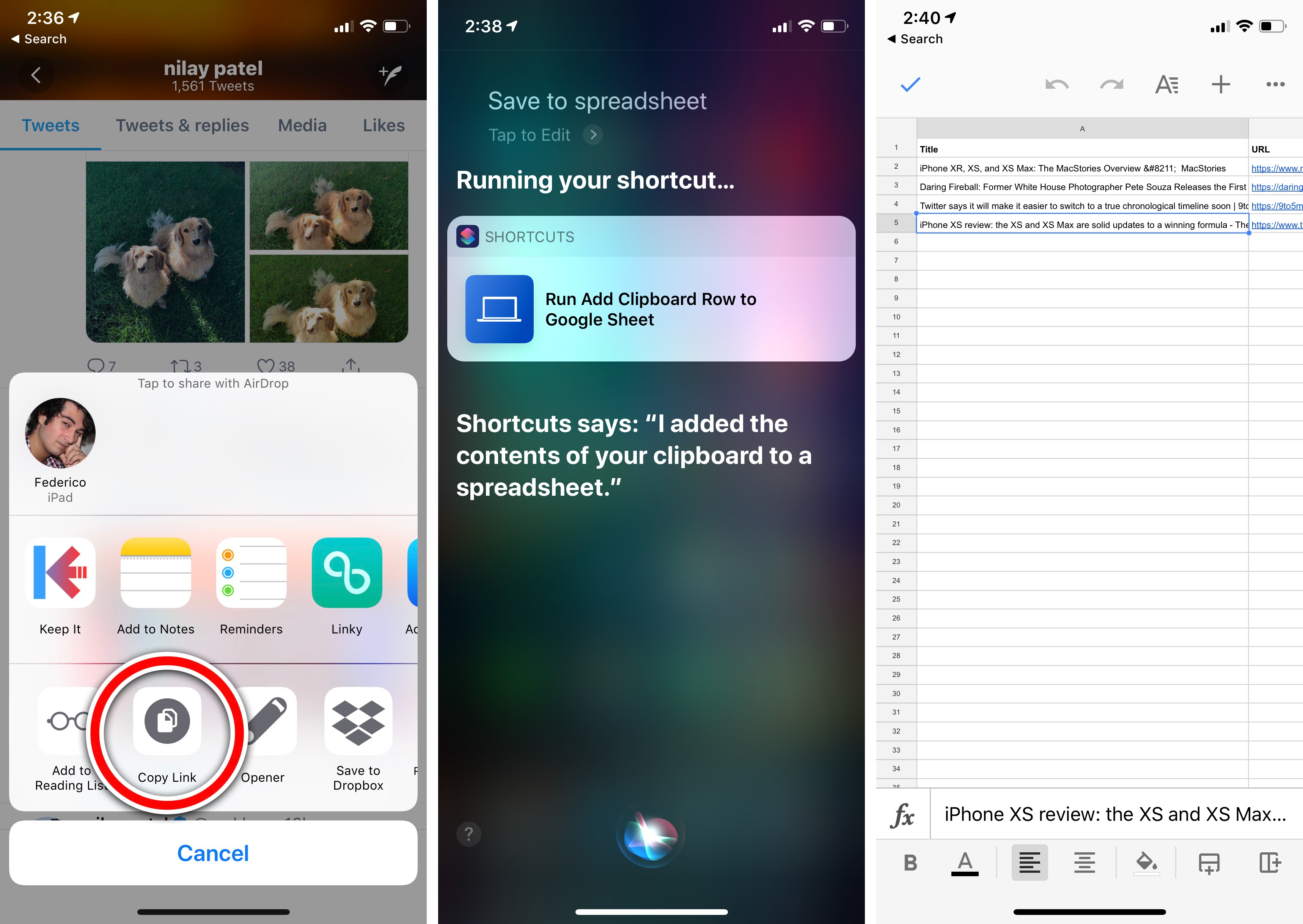 Saving a link from the iPhone's clipboard to a Google spreadsheet via Shortcuts and Siri.