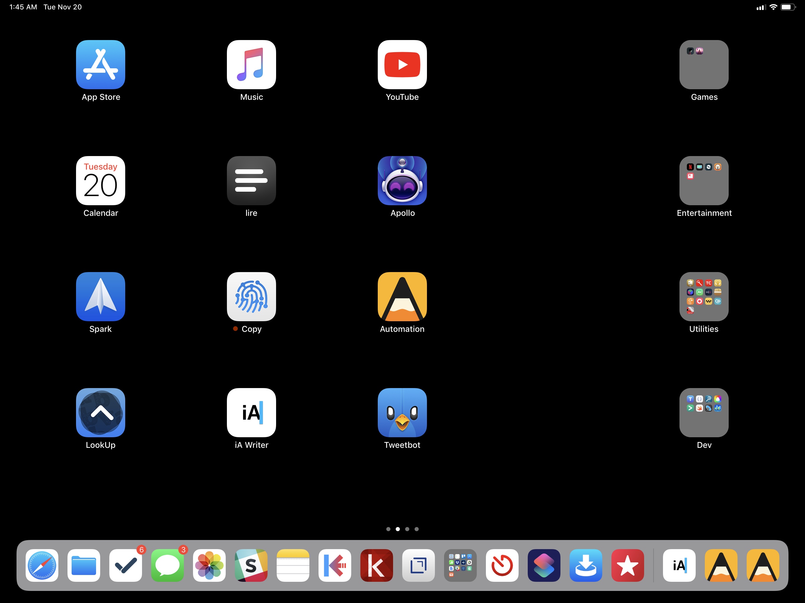 My iPad Pro home screen. Notice the two icons for Agenda in the dock – one for the app, one for my launcher.