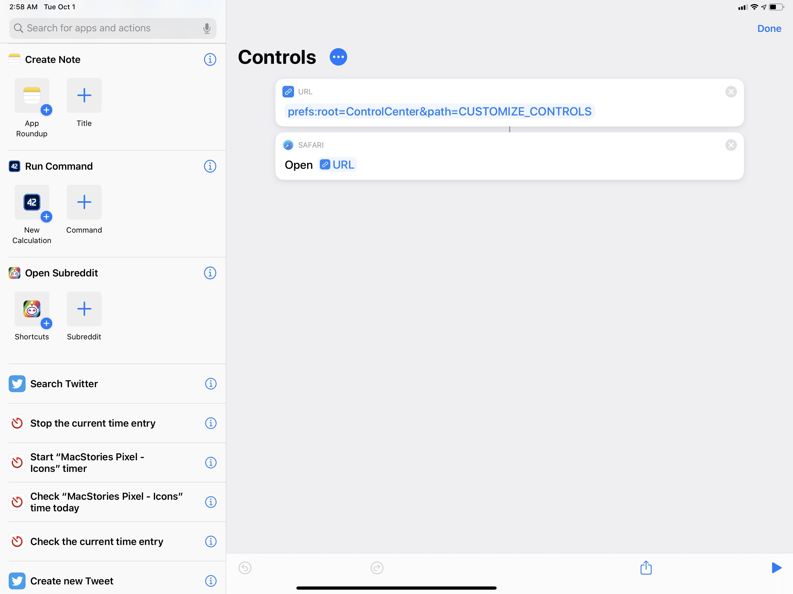 This is all you need to do to open a Settings URL with Shortcuts.