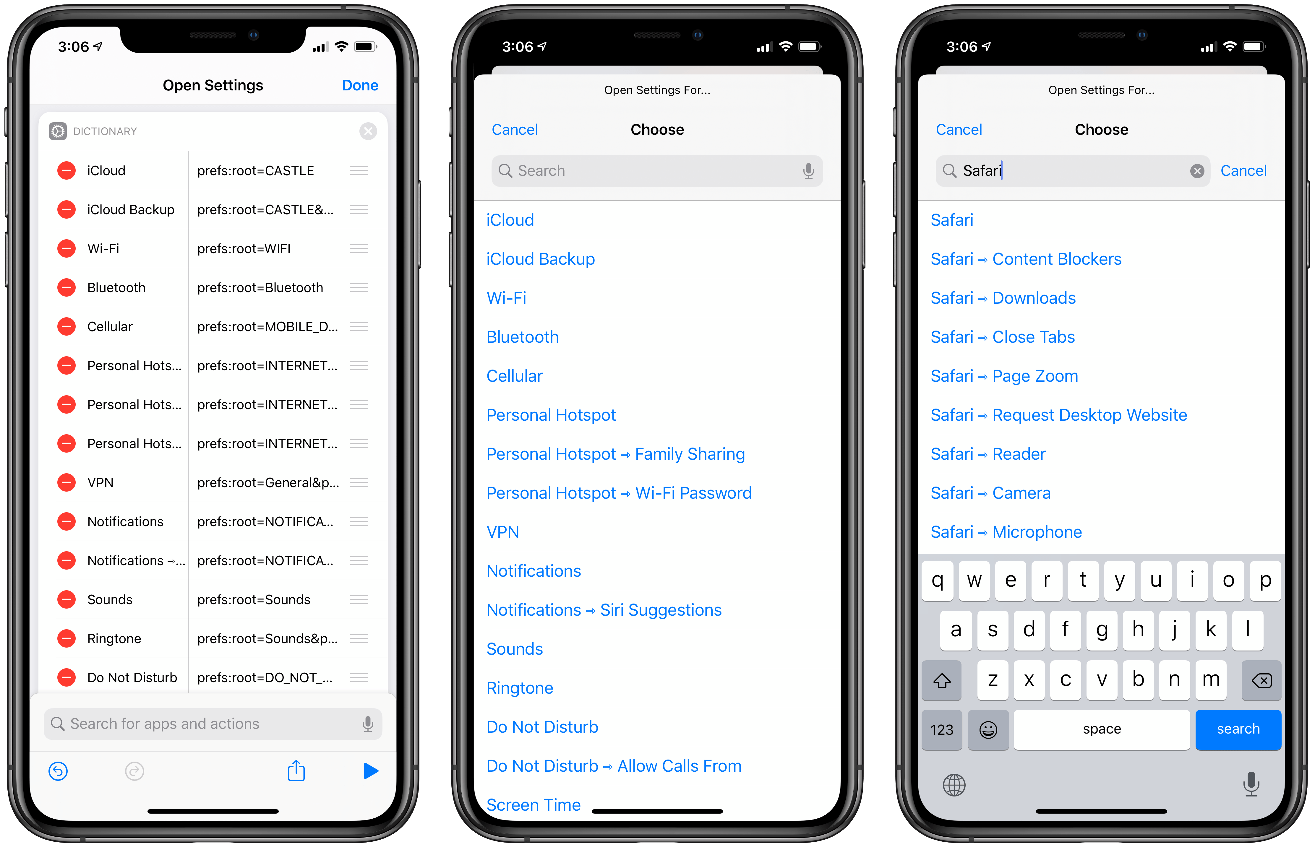 My shortcut to open specific pages of the Settings app. You can take any URL and make a separate shortcut for it.