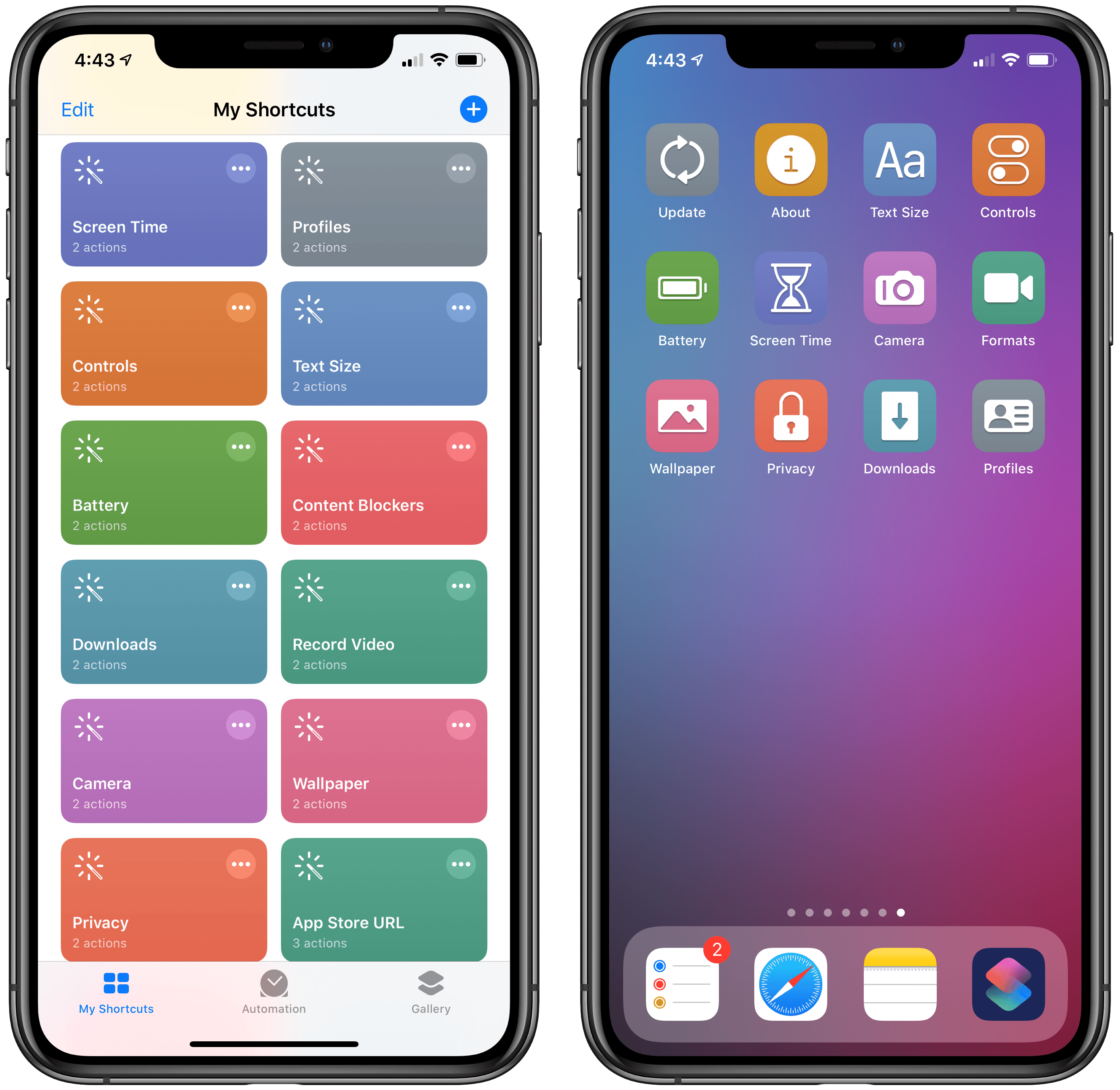 Settings shortcuts on the Home screen (right). The "info" icon will be part of the next free update to MacStories Shortcuts Icons.