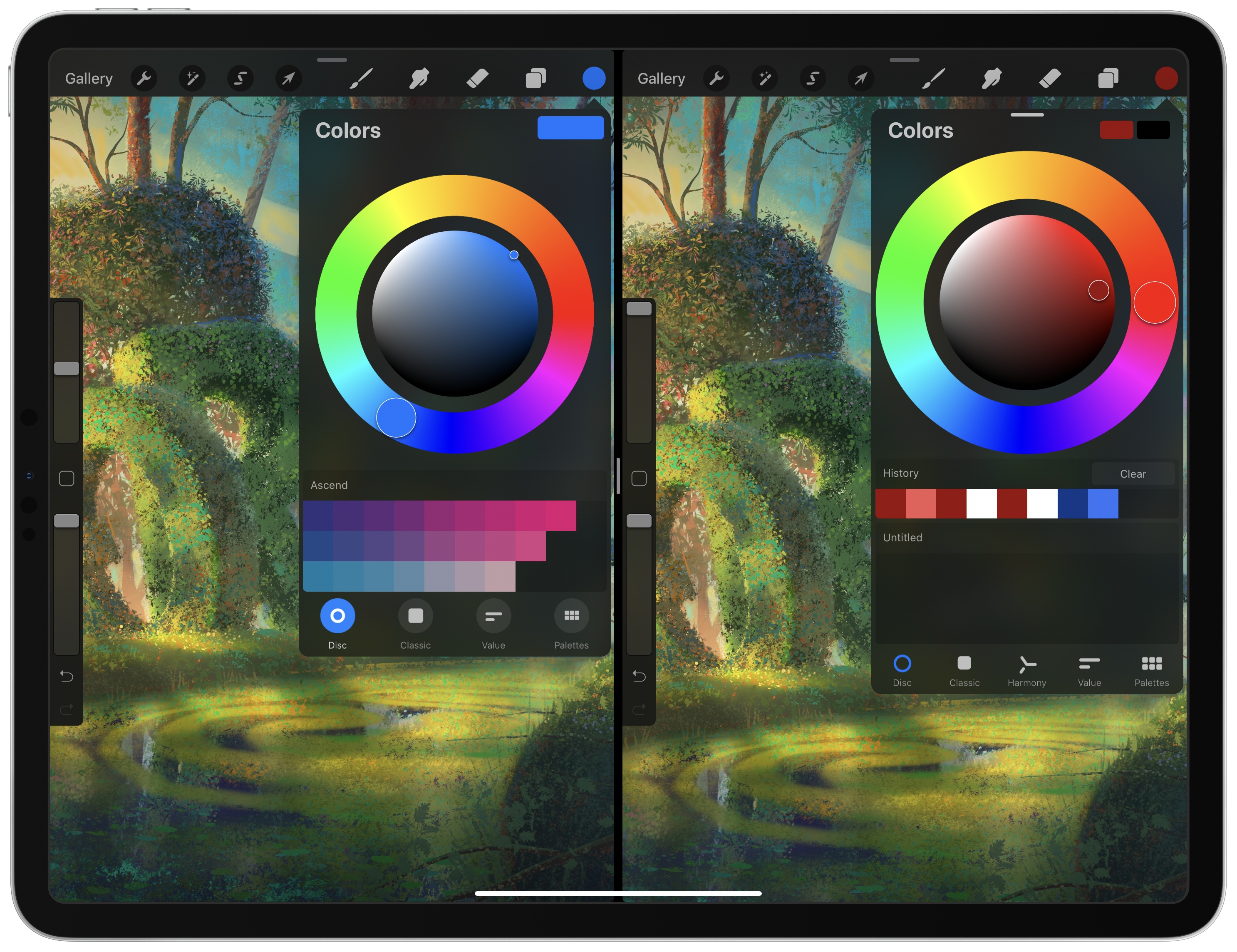 Procreate’s previous color picker (left) and the new detachable color picker in Procreate 5 (right).