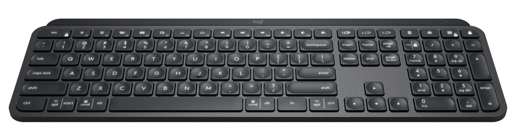 Unlike the Magic Keyboard, the MX Keys comes with media keys to activate specific functions such as volume control and media playback. Source: Logitech.