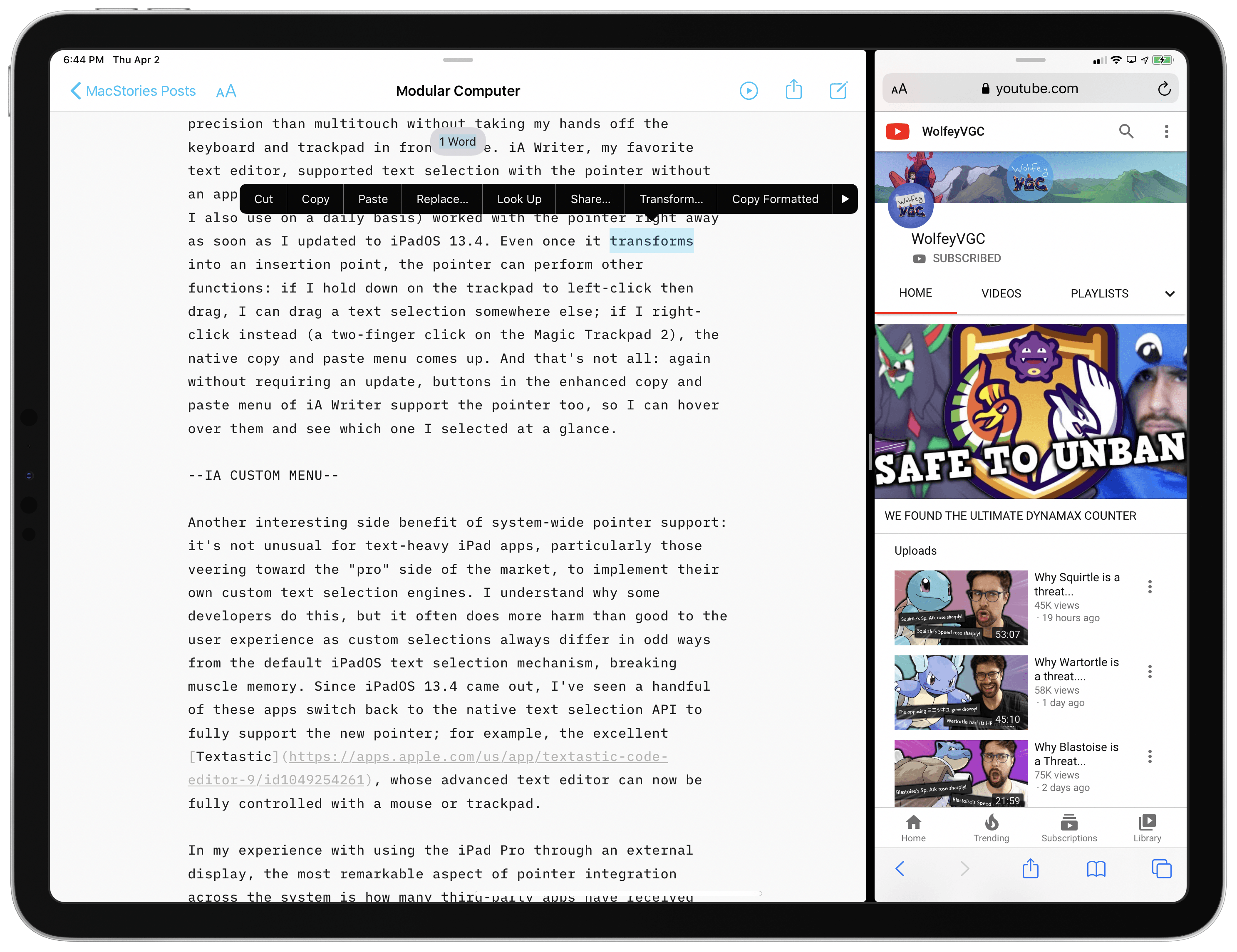 iA Writer's enhanced copy and paste menu works with the pointer out of the box, just like other standard UIKit elements in the app.