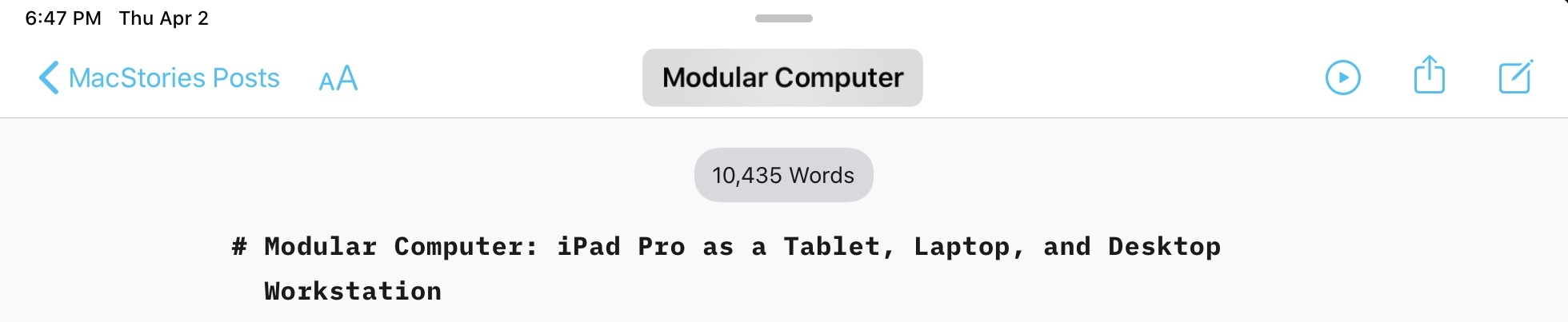 The upcoming version of iA Writer for iPad will let you click the document's name in the title bar to rename it. I want this pointer interaction in every app now.