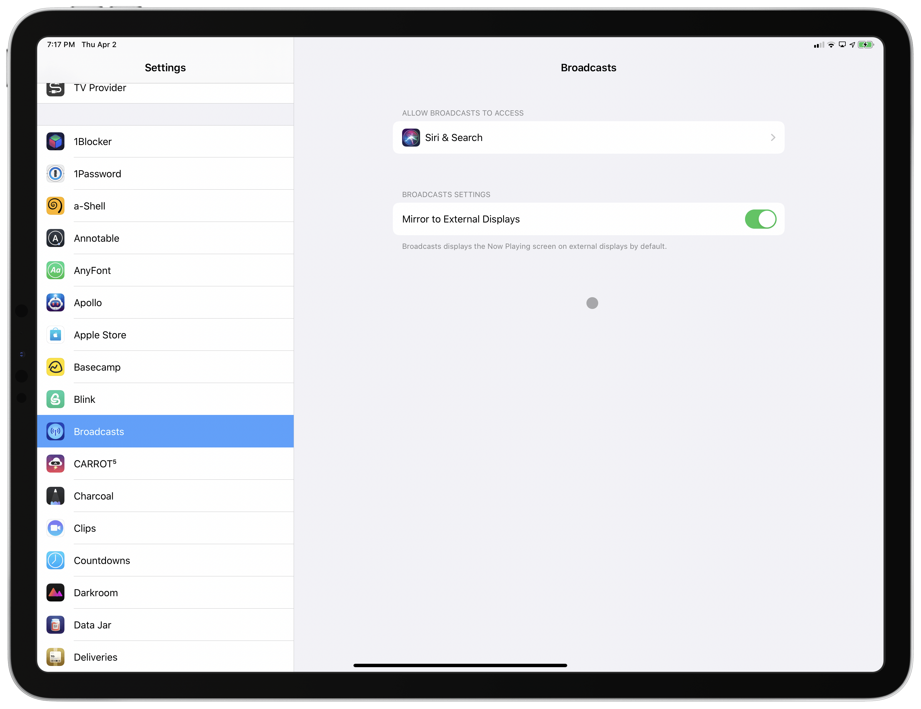 Broadcasts also offers a setting screen to choose whether the app should be mirrored on an external display or output full-screen content. More apps should offer a similar option.