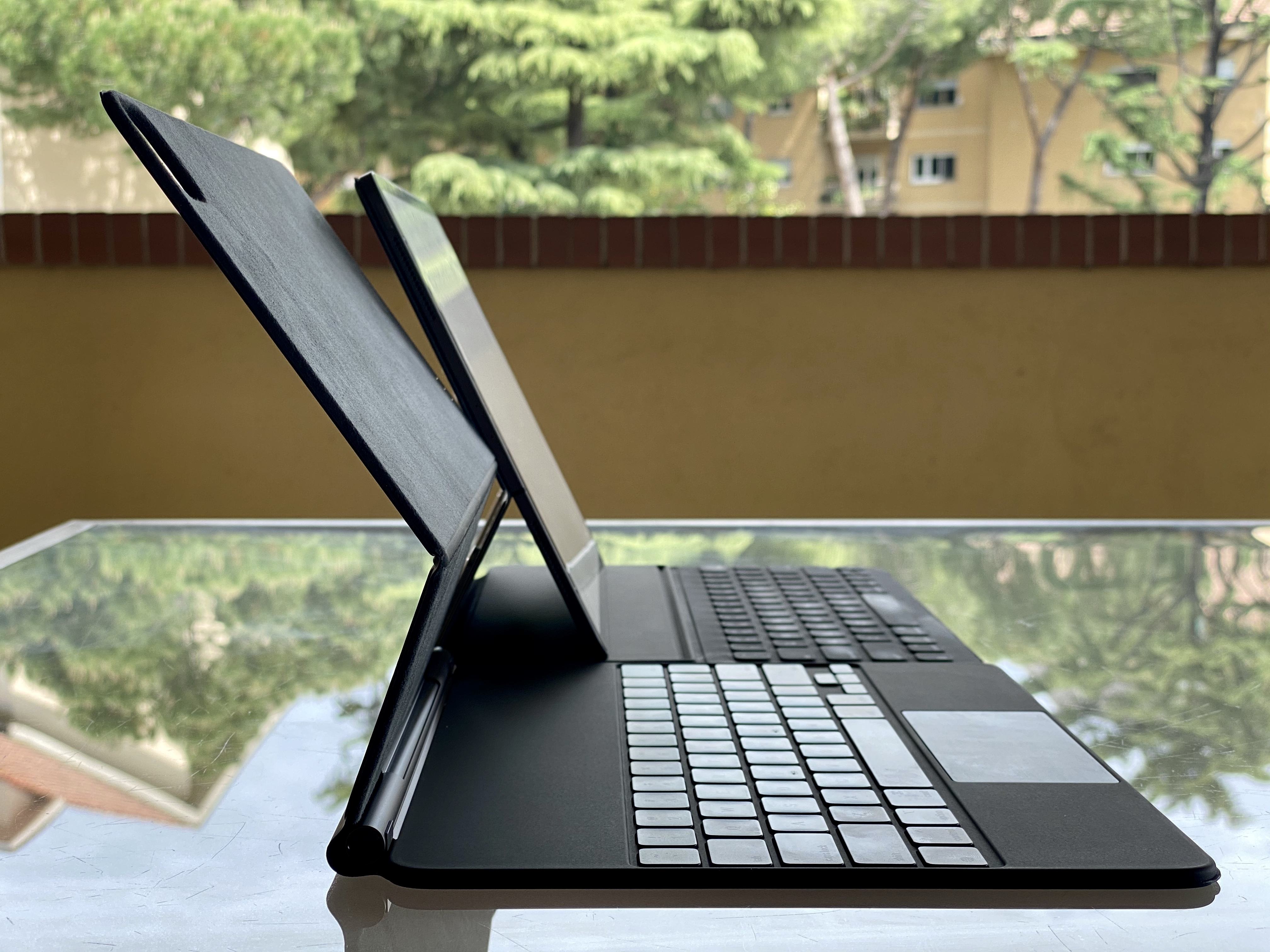 The Smart Keyboard Folio's other viewing angle. The Magic Keyboard can also be adjusted to this position and can create an even steeper angle.
