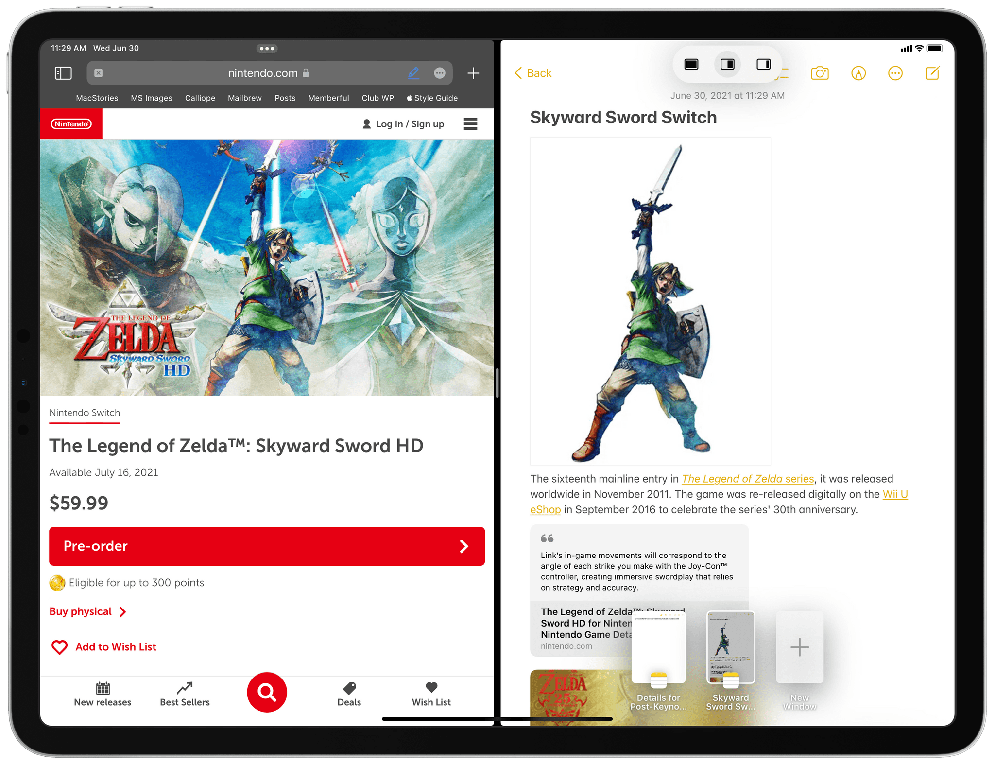 Clicking the iPad's new multitasking indicator (left, atop the Safari window) reveals a new menu at the top of the screen to manage different multitasking states (right, atop the Notes window).