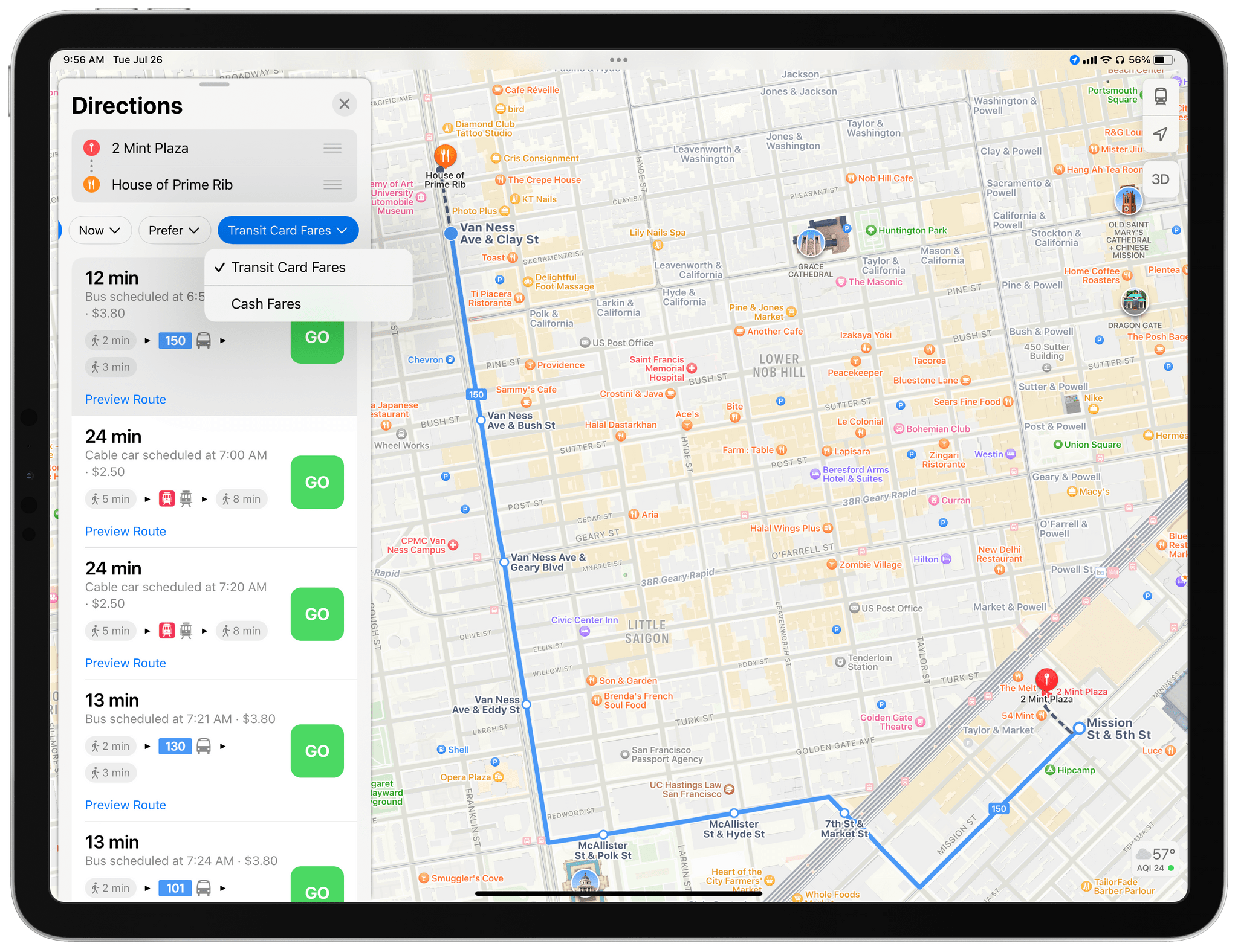 Maps can even switch between transit card fares and cash fares.