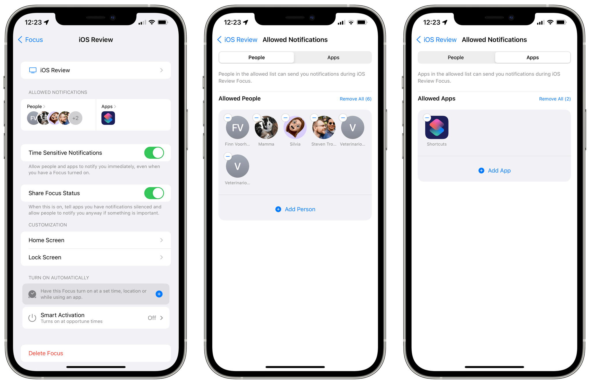 Configuring notifications from apps and people in iOS 15's Focus.