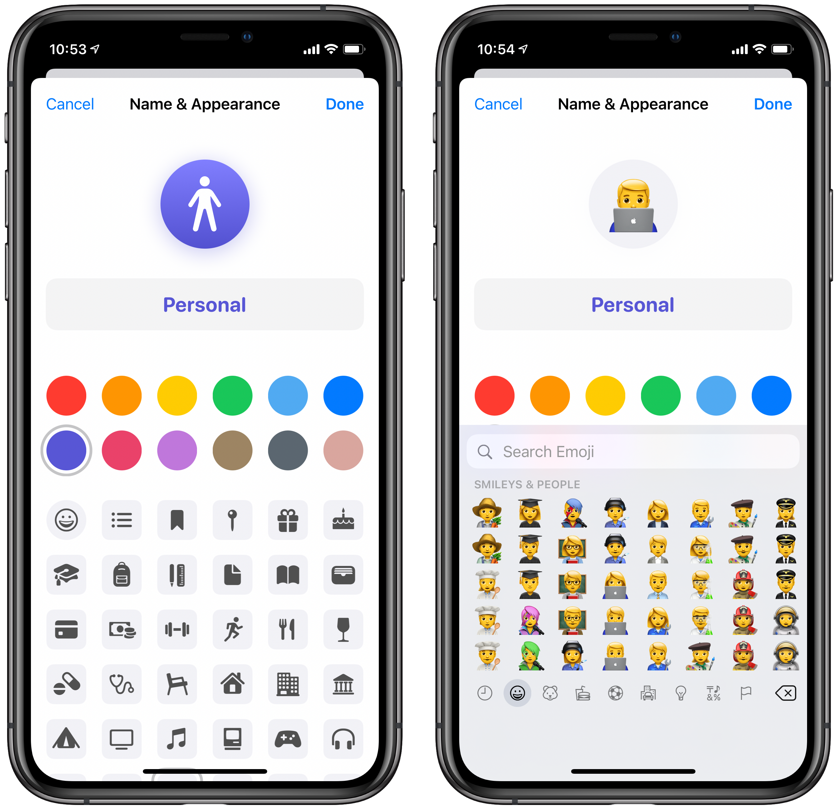New list icon options, including emoji.