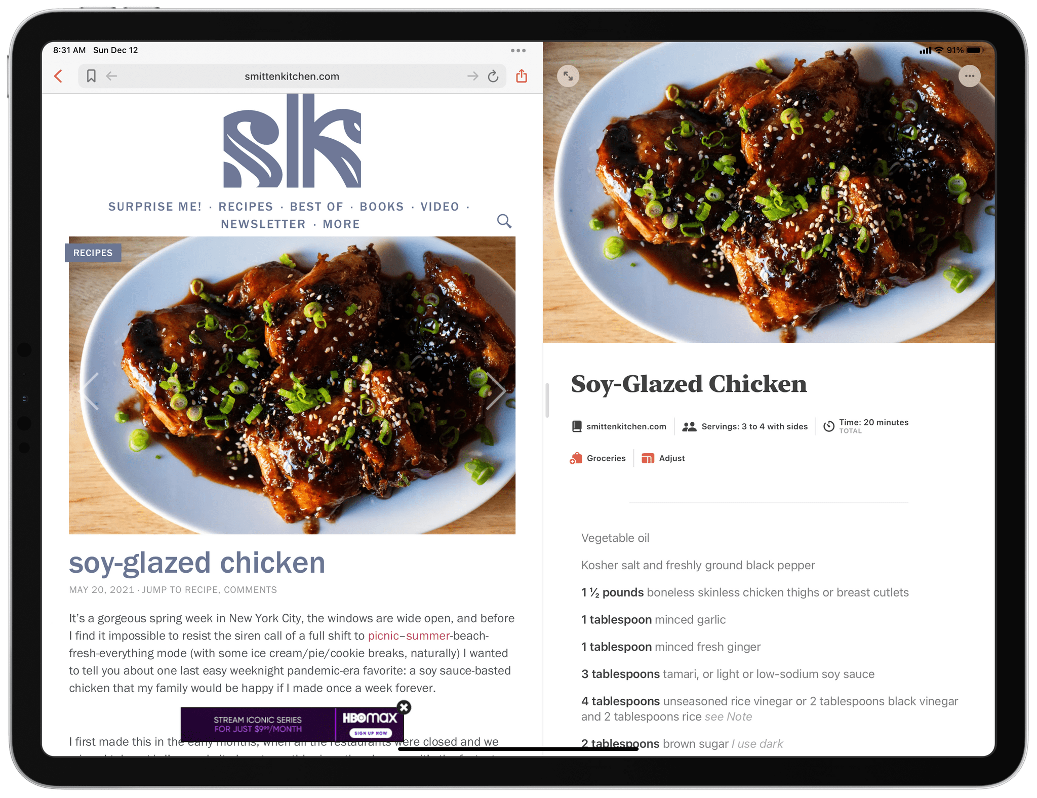 Adding recipes from Mela's built-in browser.