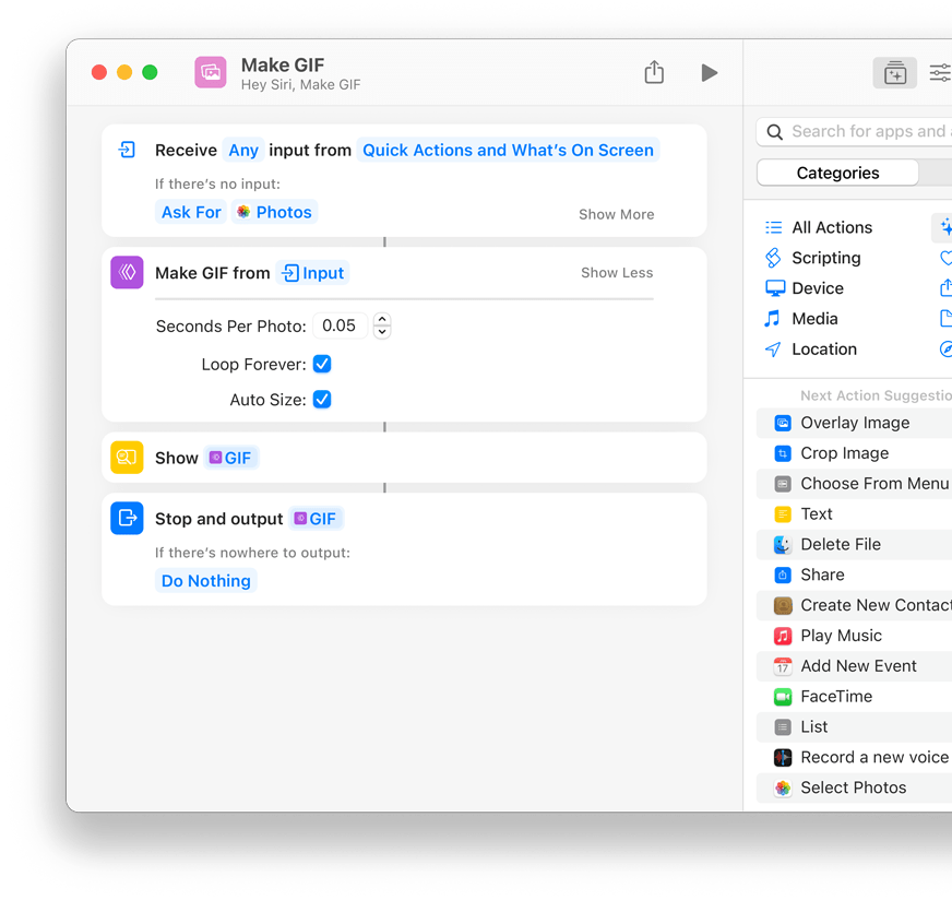 Building shortcuts works the same way on the Mac as it does on the iPhone and iPad. Source: Apple.