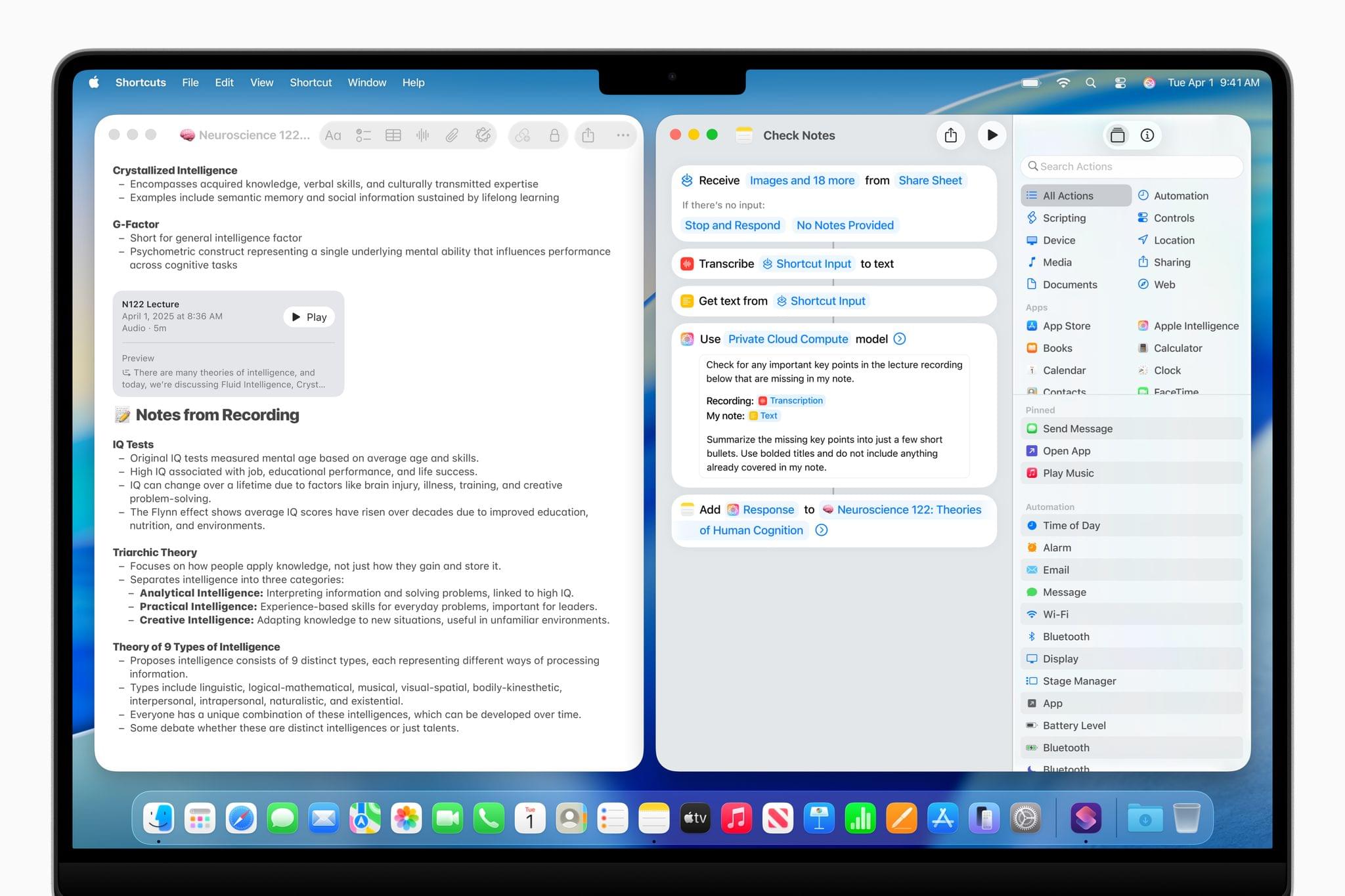 Apple showcased intelligent actions in macOS Tahoe, here summarizing a document in Apple Notes using its Private Cloud Compute model. Source: Apple.