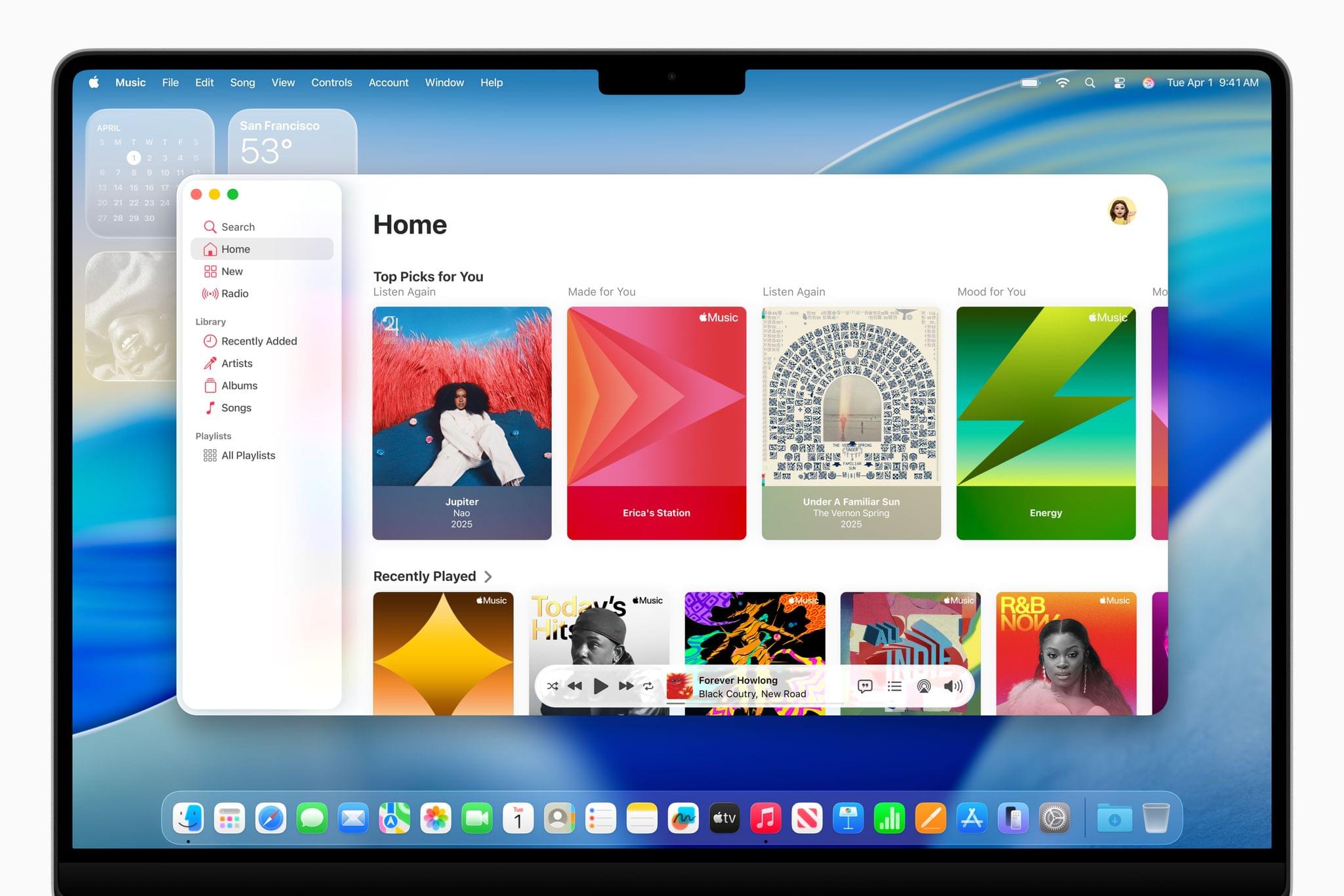 Redesigned apps in macOS Tahoe, such as Music, feature floating toolbars and sidebars and heavily rounded corners. Source: Apple.