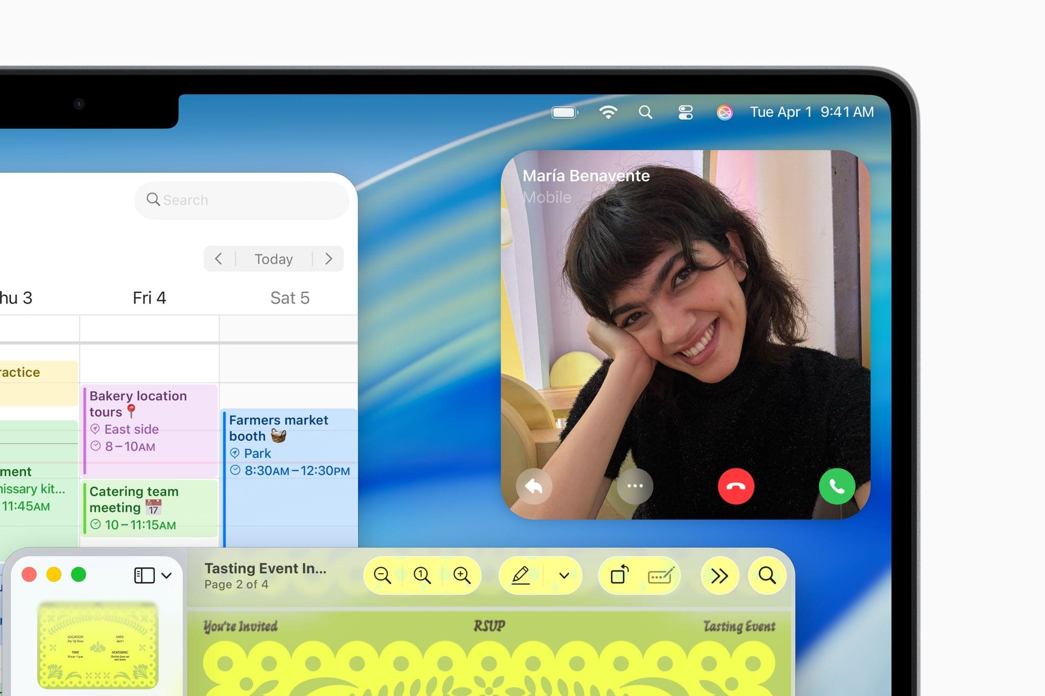 An incoming phone call in macOS Tahoe. Note the partially-visible redesigned Preview app. Source: Apple.
