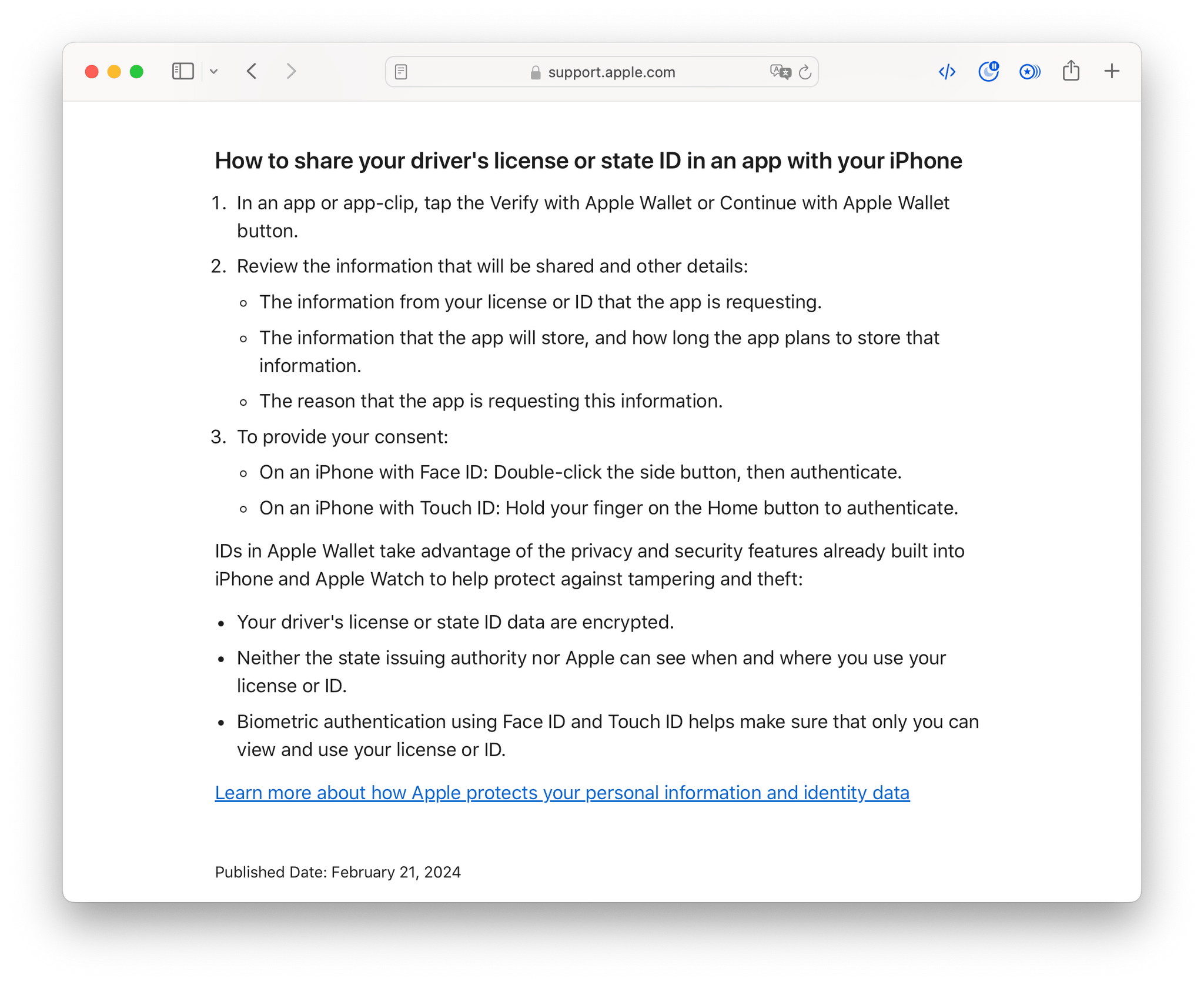 Apple Support [details](https://support.apple.com/en-us/118237) how information from IDs stored in Apple Wallet can be shared to third-party apps.