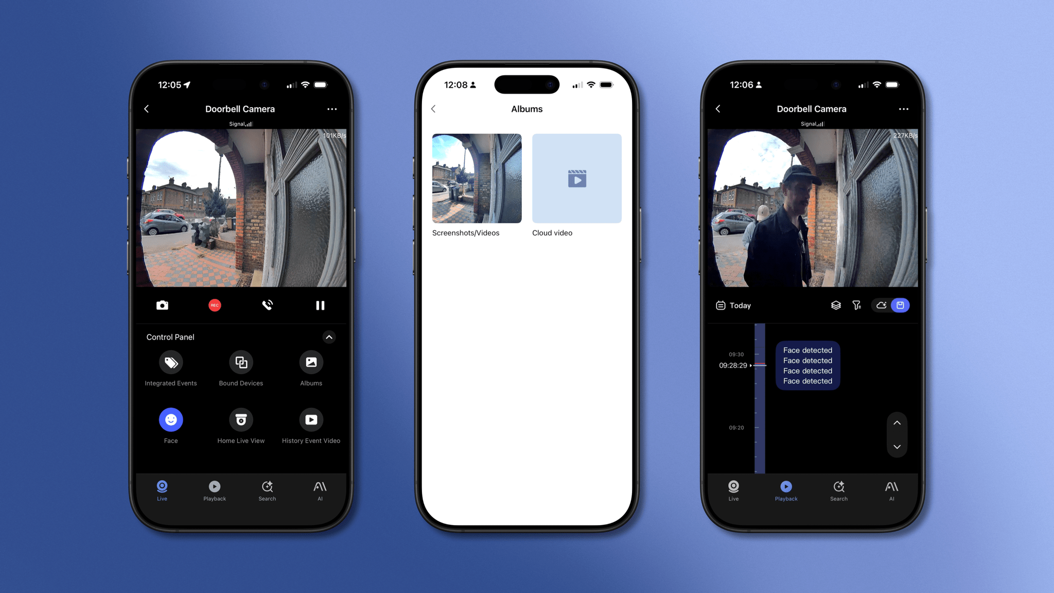 The main video interface (left), your album of stored clips (middle), and the video timeline (right).
