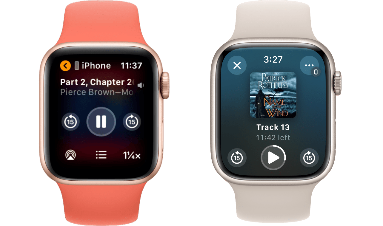 The Now Playing screen in the Audiobooks app in watchOS 9 (left) and watchOS 10 (right).