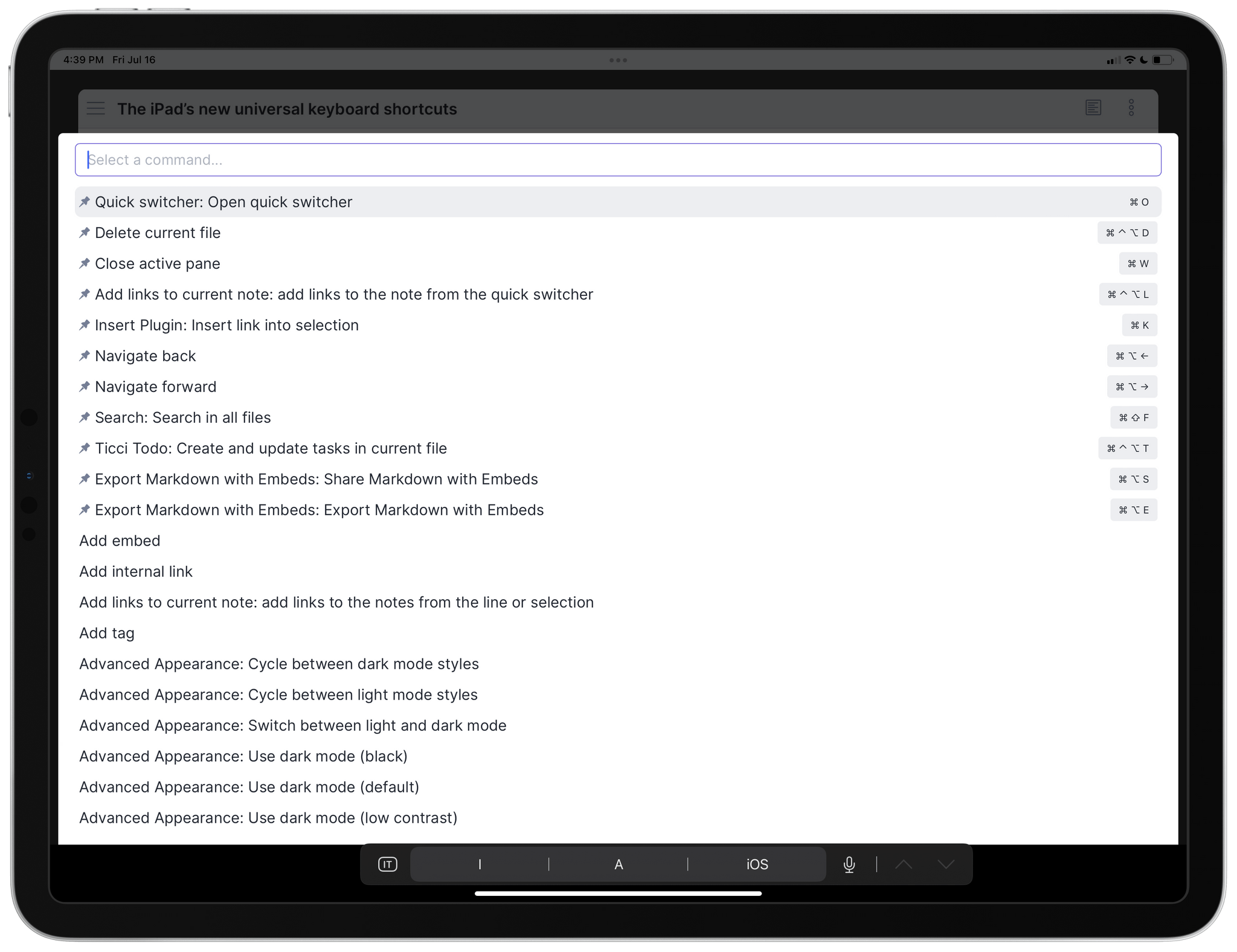 Pinned commands and hotkeys in the command palette.