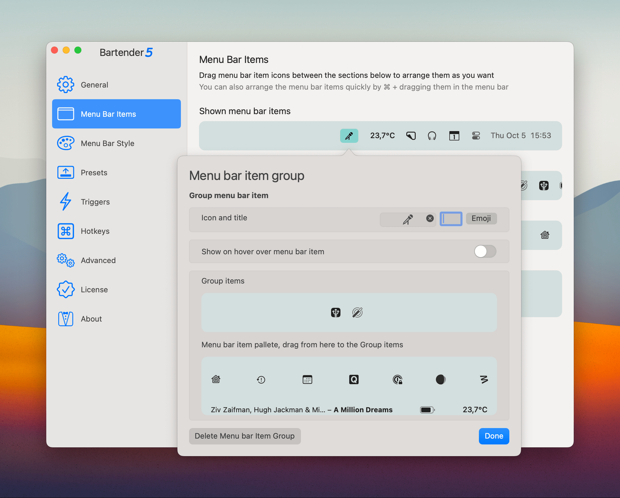 Setting up a menu bar item group. I decided here to group two sound-related icons into one (Neptunes and SoundSource). You can choose any SF Symbol or emoji to use as the group icon.